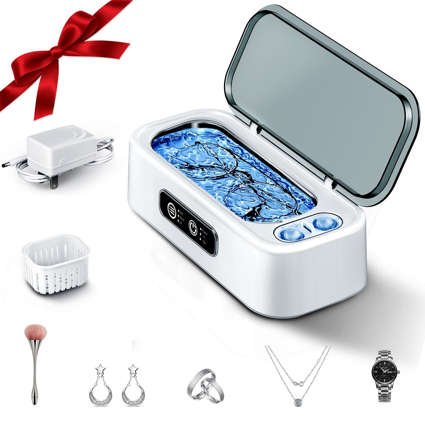 SUNPOW Ultrasonic Jewelry Cleaner Machine – Dual Frequency Dual Tank for Jewellery & Contact Lenses, 45kHz Sonic Jewellery Cleaner Machine, Deep Cleaning, Quiet