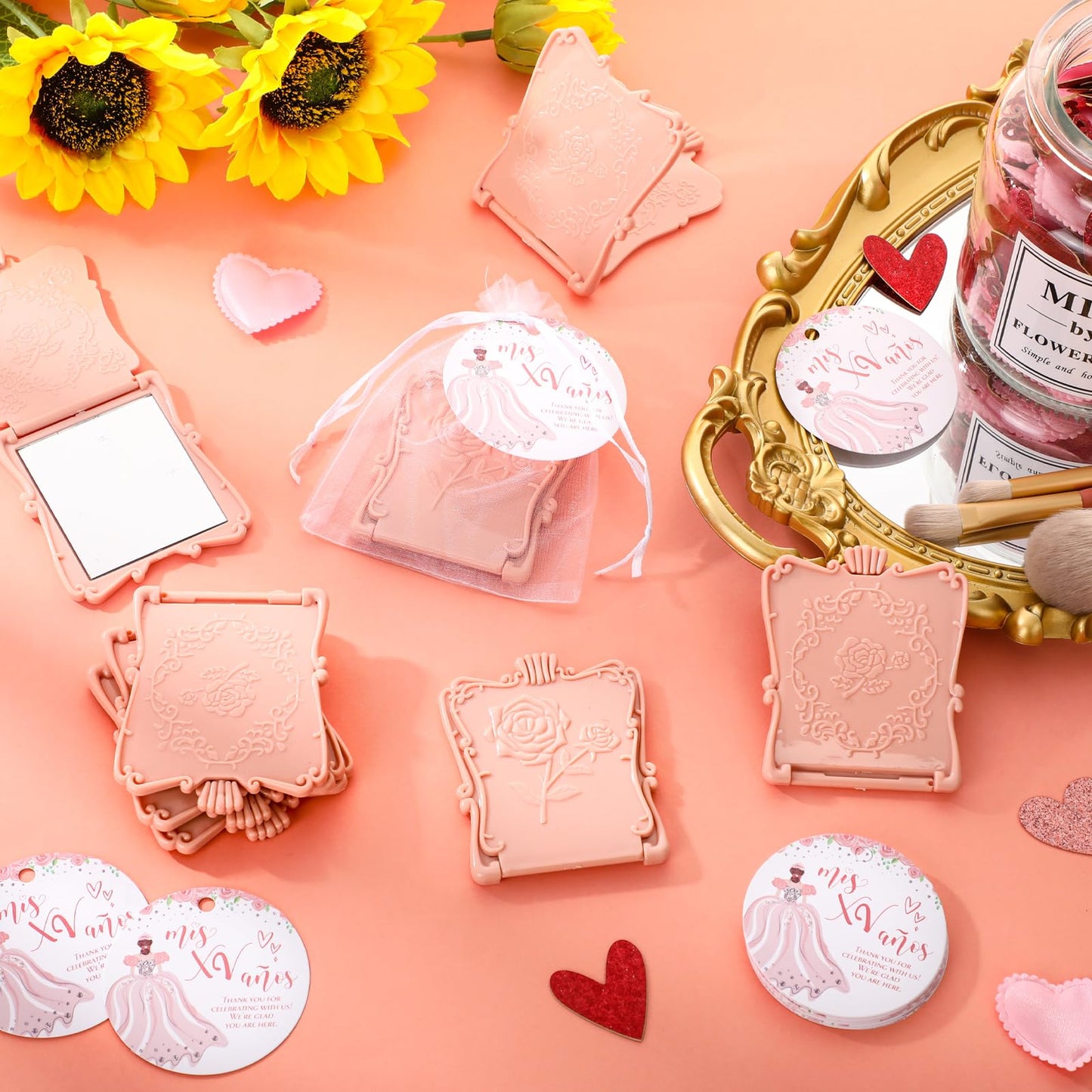 Wenqik 50 Set Quinceanera Party Favors for Guests Include Rose Compact Mirror Quinceanera Card and Organza Bag Mis Xv Sweet 15th Birthday Party Favors (Champagne)