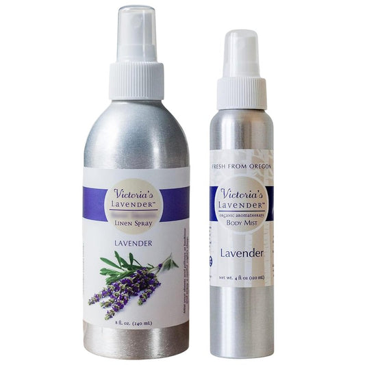 Victoria's Lavender Pillow and Linen Spray Mist (8 oz) and Aromatherapy Body Mist (4 oz) - After Sun Solar Recovery Spray with Aloe Vera and Lavender Essential Oil - Set of 2 – Made in the USA