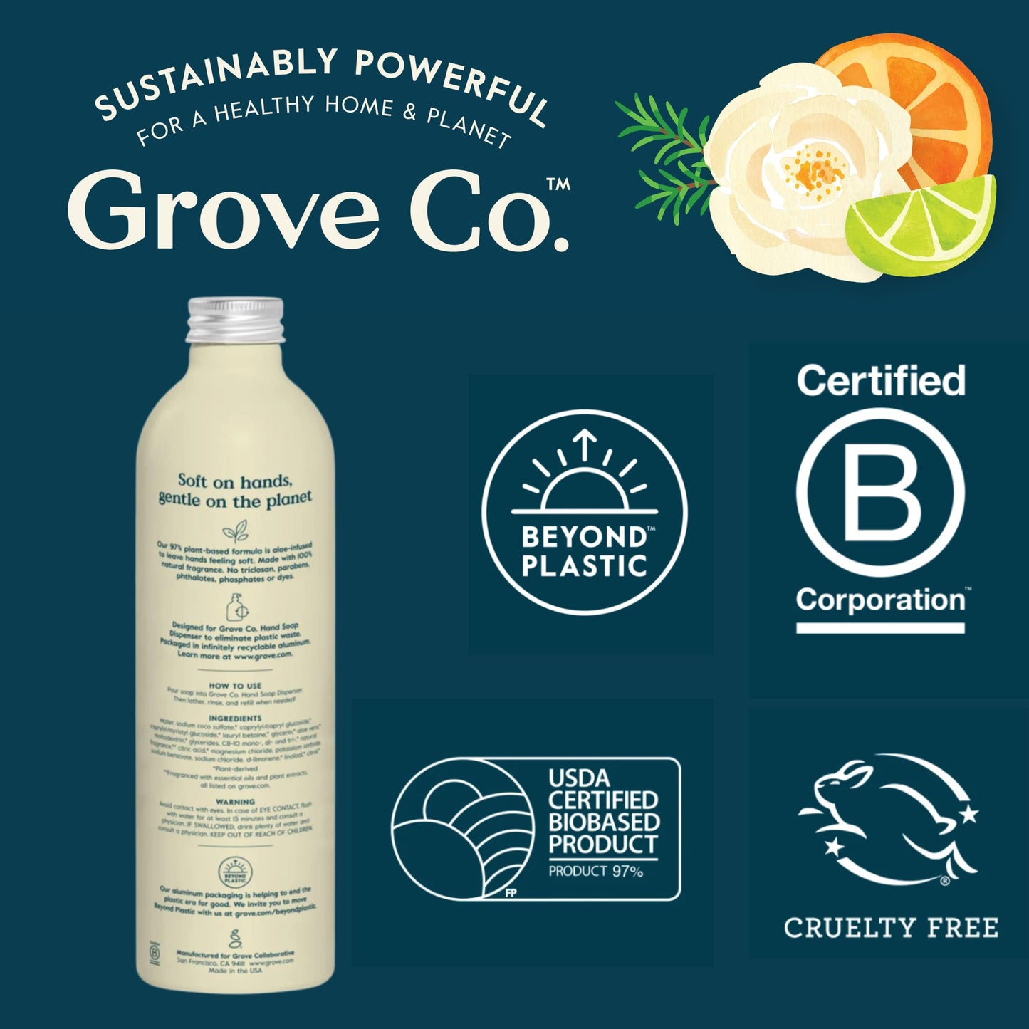 Grove Co. Hydrating Gel Hand Soap Refills (2 x 13 Fl Oz) + 1 x Reusable Glass Soap Dispenser, Refillable Liquid Hand Soap Starter Kit, Natural Lemon & Eucalyptus Fragrance