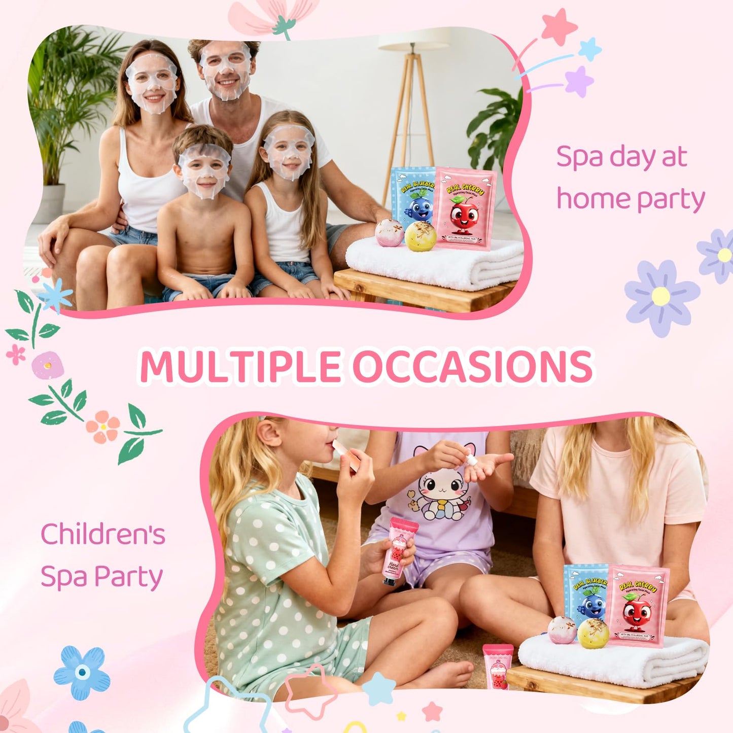 60PCS Spa Party Favors Kit Include Face Masks Skincare,Hand Masks,Lip Mask,Under Eye Patches,Lip Balm,Foot Bath Bombs,Hand Cream,Spa Sleepover Party Supplies for Christmas