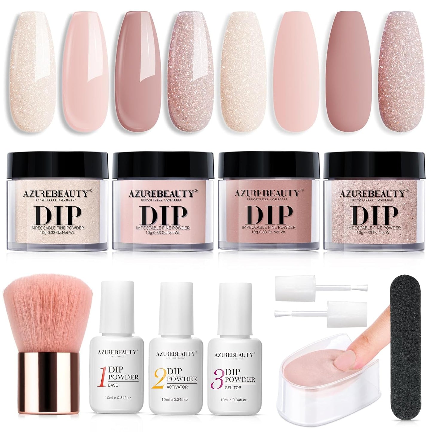 Azurebeauty Dip Powder Nail Kit - 4 Colors & 4 Dip Powder Liquids | 15ml for DIY French Nail Art