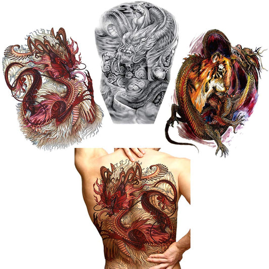 Glaryyears Super Large Full Back Covered Temporary Tattoo, 3 Pack Big Fake Realistic Tattoos Stickers for Adults Women Men, Scary Fierce Dragon Tiger Design
