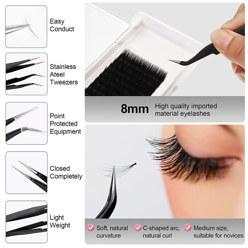Lash Extension Practice Kit, Eyelash Extension Training Kit for Beginners, Professional Eyelash Mannequin Head Set with Lash Fan, Lash Shampoo, Lash Adhesive, Glue Rings and Lash Mirror (Black)