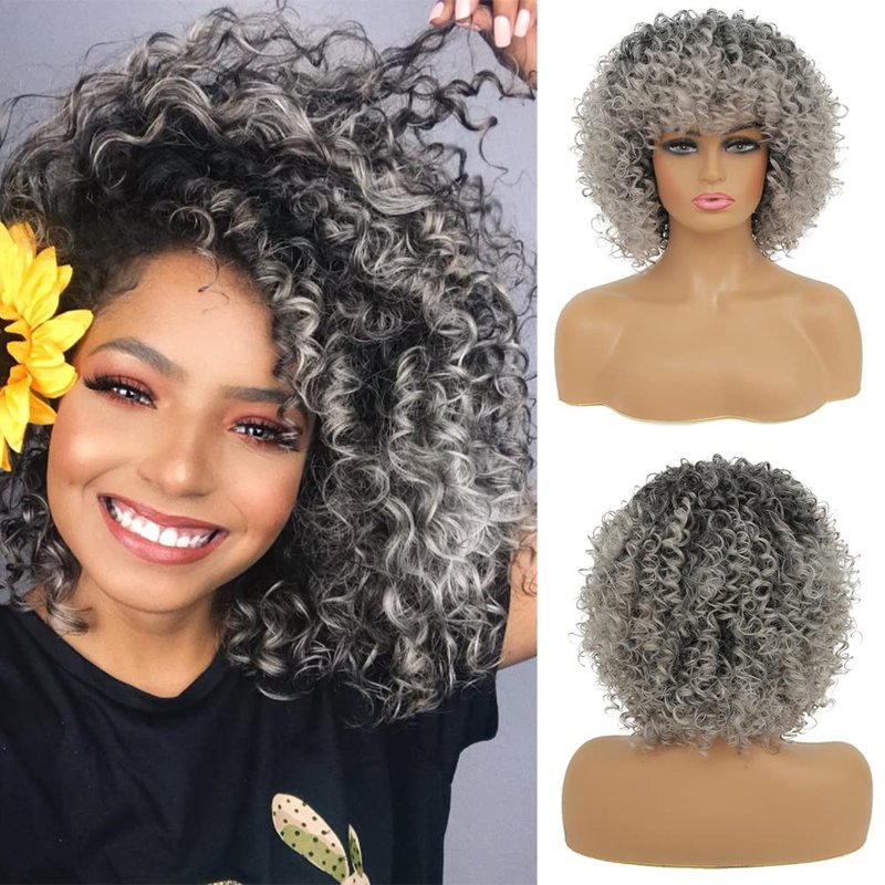 Kaneles Short Grey Kinky Afro Wig for Black Women Synthetic Mixed Gray Wigs with Bangs Hair Shoulder Length Kinky Afro Curly Wig for Daily