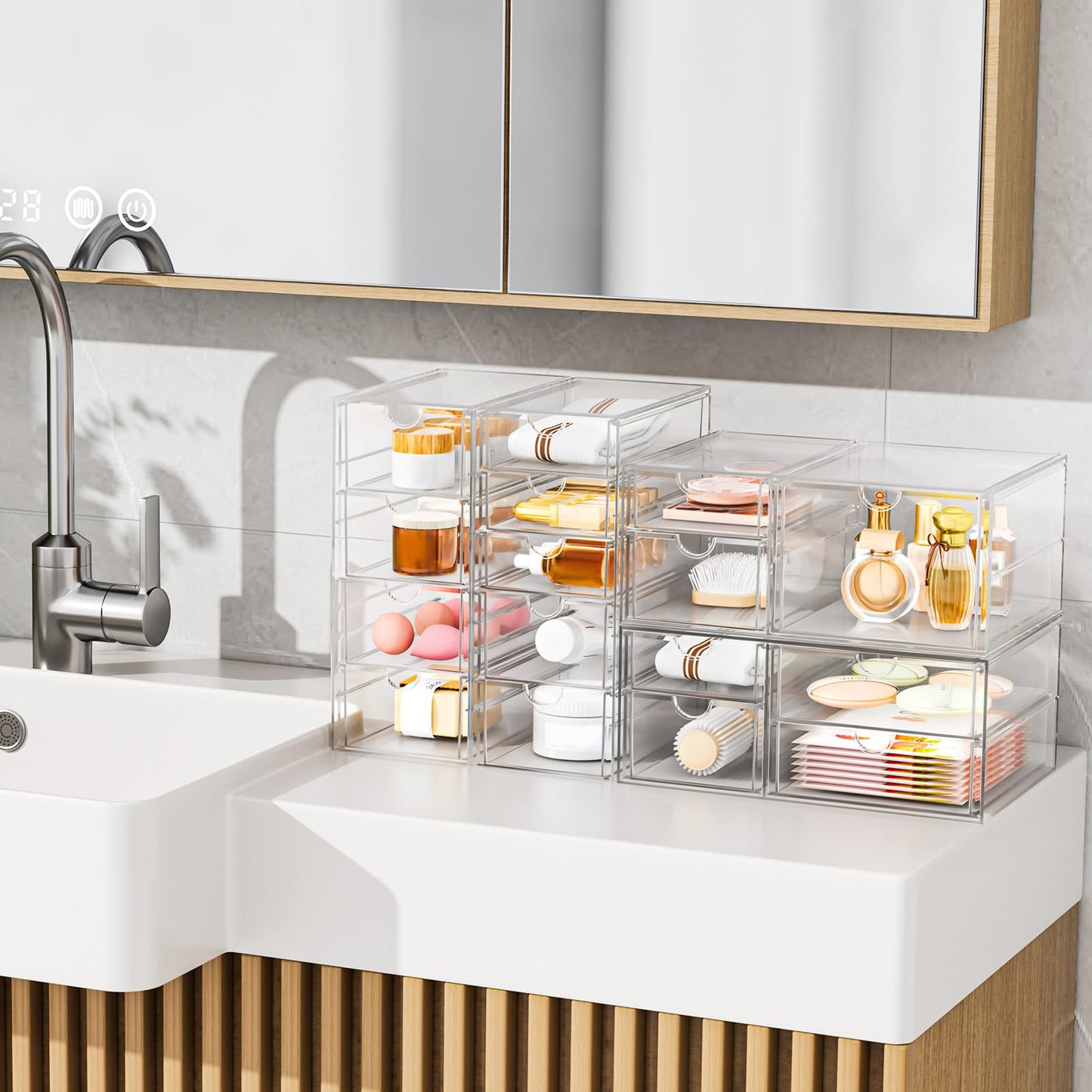 Acrylic Makeup Organizer with 17 Drawers, 4 Pack Clear Bathroom Counter Organizer for Palettes, Cosmetic, and Beauty Supplies,Ideal for Vanity, Cabinet,Desk Organization