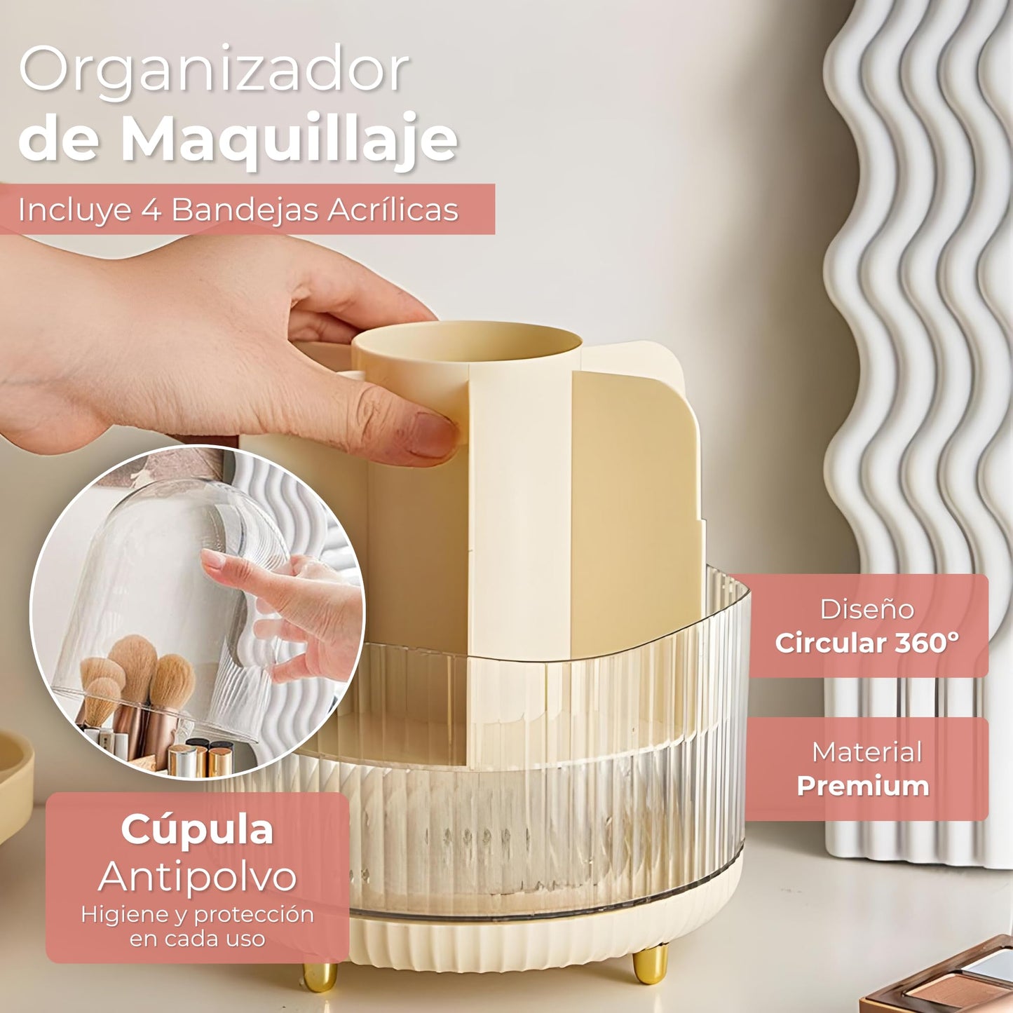 LINPHER Makeup organizers – A set of 25 transparent plastic organizers in four sizes, ideal for makeup, jewelry, and cosmetics. Includes a rotating brush organizer.