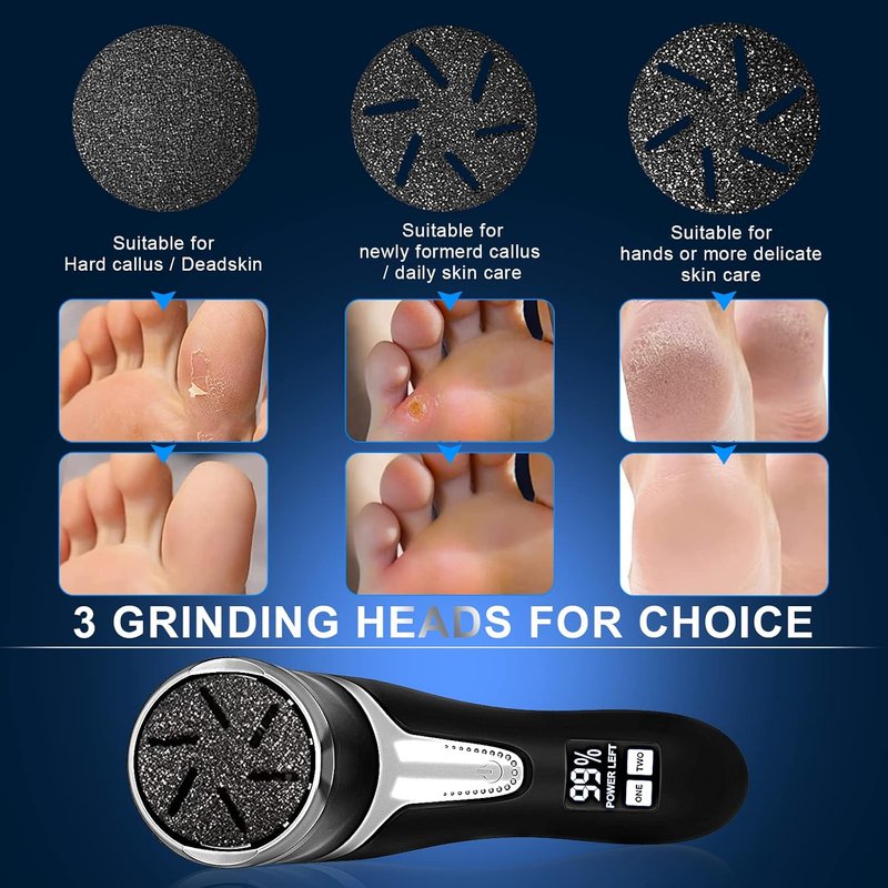 Electric Callus Remover - Rechargeable Waterproof Foot File with Vacuum | 3 Heads & 2 Speed Settings