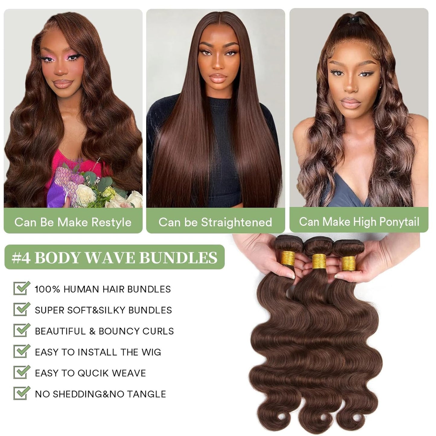 #4 Chocolate Brown Human Hair Bundles Body Wave 12 12 12 inch 100% Unprocessed Brazilian Virgin Hair Extensions 12A Quick Weave Bundles Human Hair Double Weft