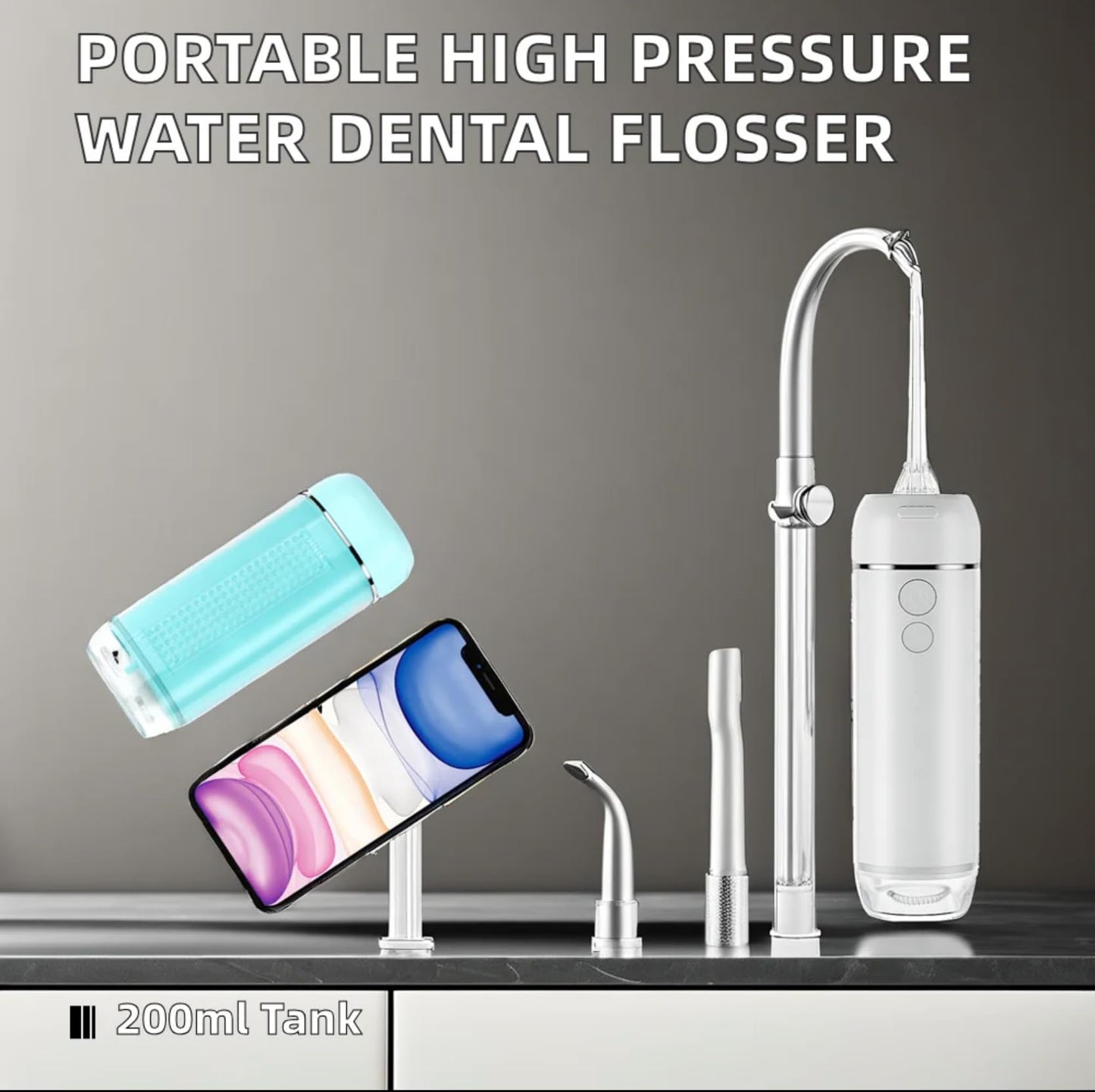 Powerful Portable Cordless Water Dental Flosser: Rechargeable [2000 mAh Li-ion] Mini Oral Irrigator Travel & Home Machine Cleaner Large Vol Telescopic Tank 5 Modes IPX7 Waterproof Electric Teeth Pick