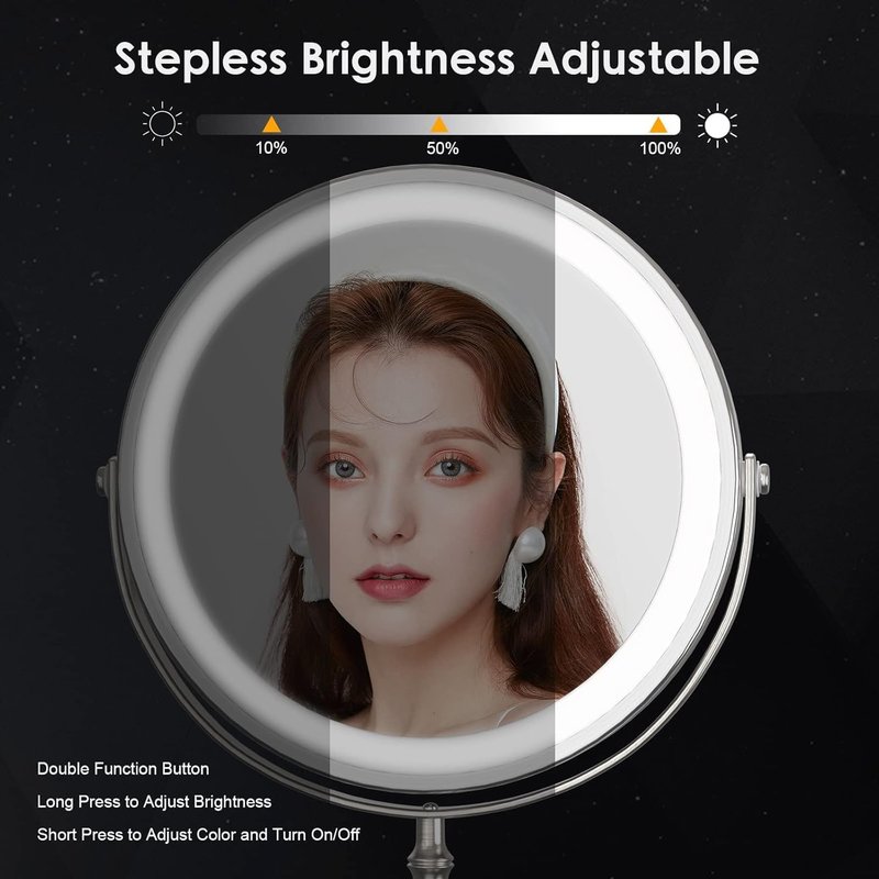 Double-Sided Makeup Mirror - 3000mAh Rechargeable Vanity Mirror with 3 Color Modes | 1X/10X Magnification, Adjustable Brightness