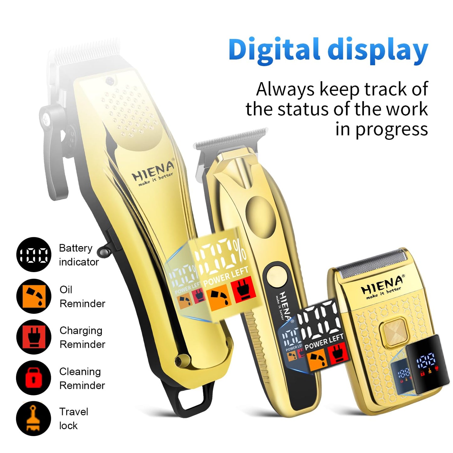 HIENA PRO Hair Clippers for Men Professional, Cordless Barber Clipper & T-Blade Beard/Hair Trimmer Set, Electric Razor Foil Shaver Nose Trimmer Barber Kit, Men's Hair Cutting Kit (Gold)