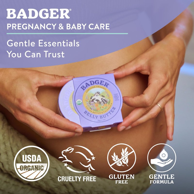 Badger Belly Butter, Organic Stretch Mark Cream for Pregnant Belly, Rich Hypoallergenic Moisturizing Organic Cocoa Butter & Coconut Body Butter for Women, 2 oz Tin, 2-Pack