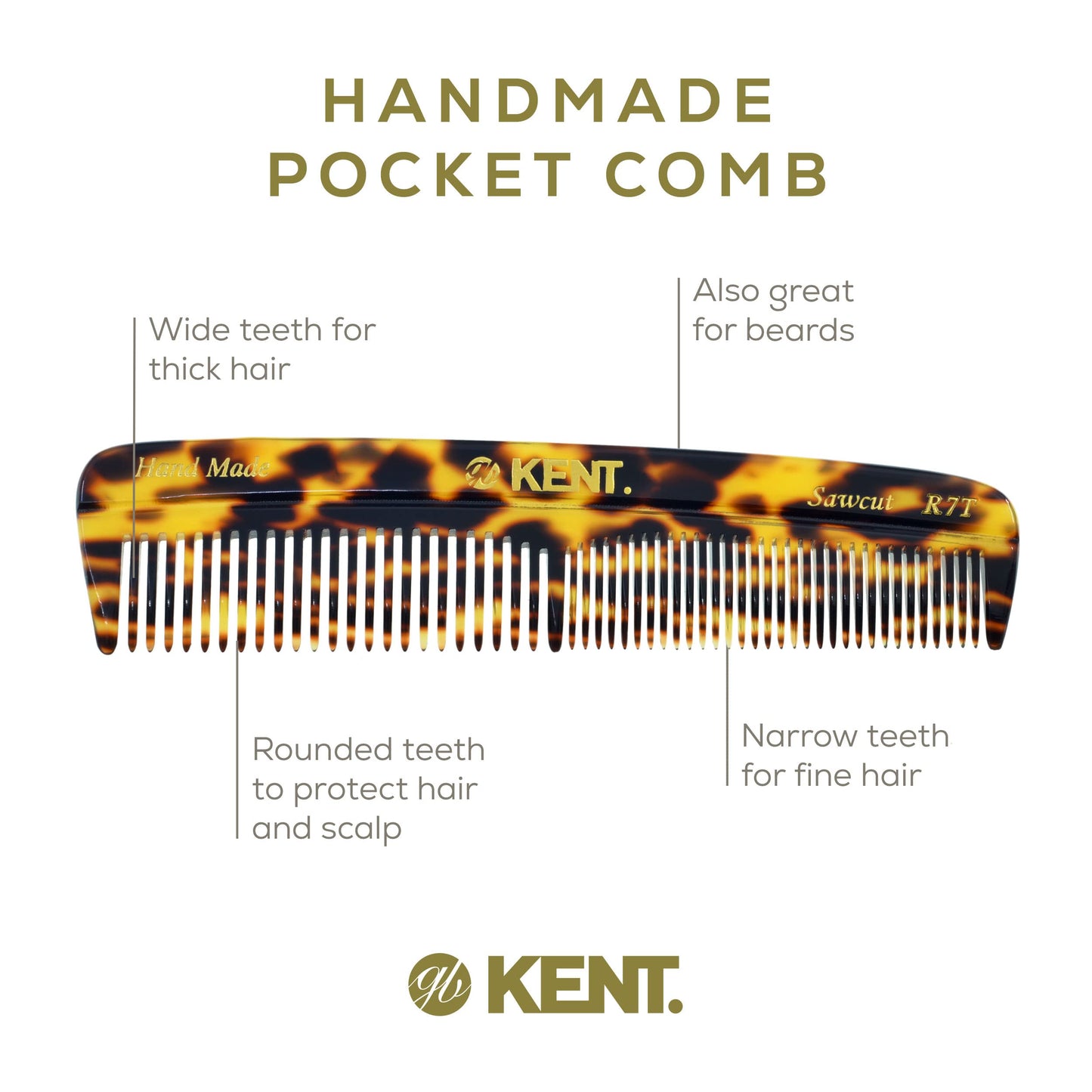 Kent R7T TY Fine and Wide Tooth Hair Comb, Handmade Pocket Comb for Mens Beard and Mustache for Everyday Grooming and Styling, Sawcut Hand polished, Made in England