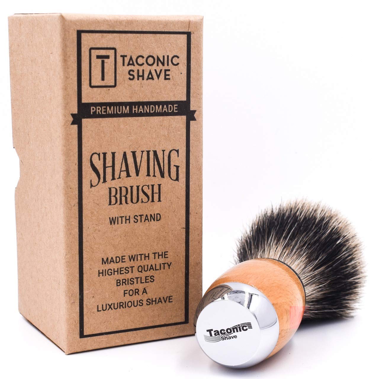 Taconic Shave's 3-Band Pure Badger Luxury Shaving Brush – Deluxe Beechwood and Chrome Handle - Shaving Stand Included