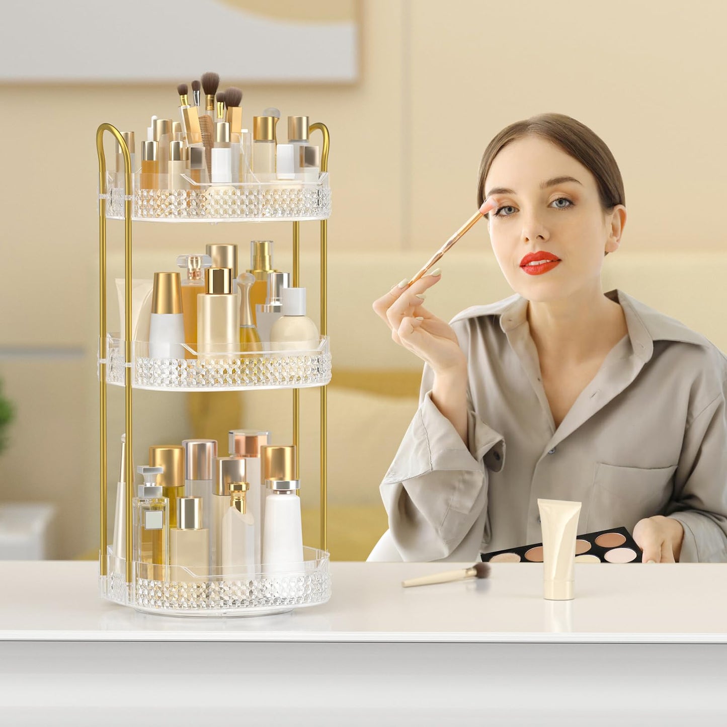 BOCONY Rotating Makeup Organizer for Vanity 3 Tier, Perfume Organizer with Makeup Brush Holder, Large Capacity Cosmetics Clear Skincare Organizer for Countertop (Transparent)