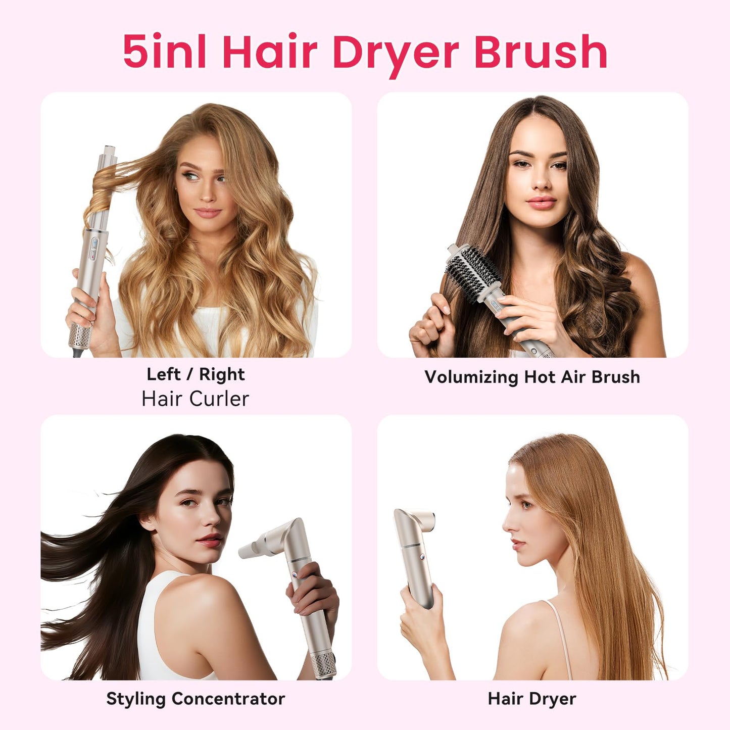 Heyfeel 5 in 1 Hot Air Styler - Professional Hair Dryer Brush with No Heat Damage, High-Speed Negative Ionic Hair Dryer, Frizz-Free Blow Dryer Brush for Drying Curling Volumizing Straightening
