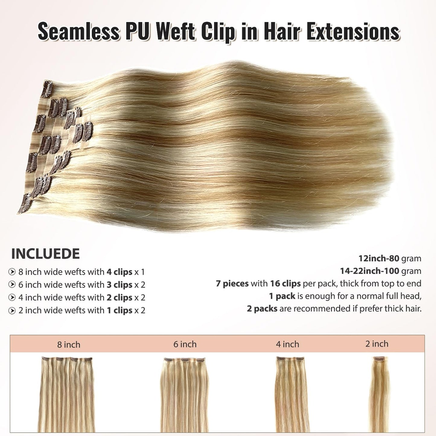 Real Human Hair Clip in Extensions, 20' Colored Seamless Wefts - 7PCS 100G PU Skin - Caramel Blonde to White Blonde