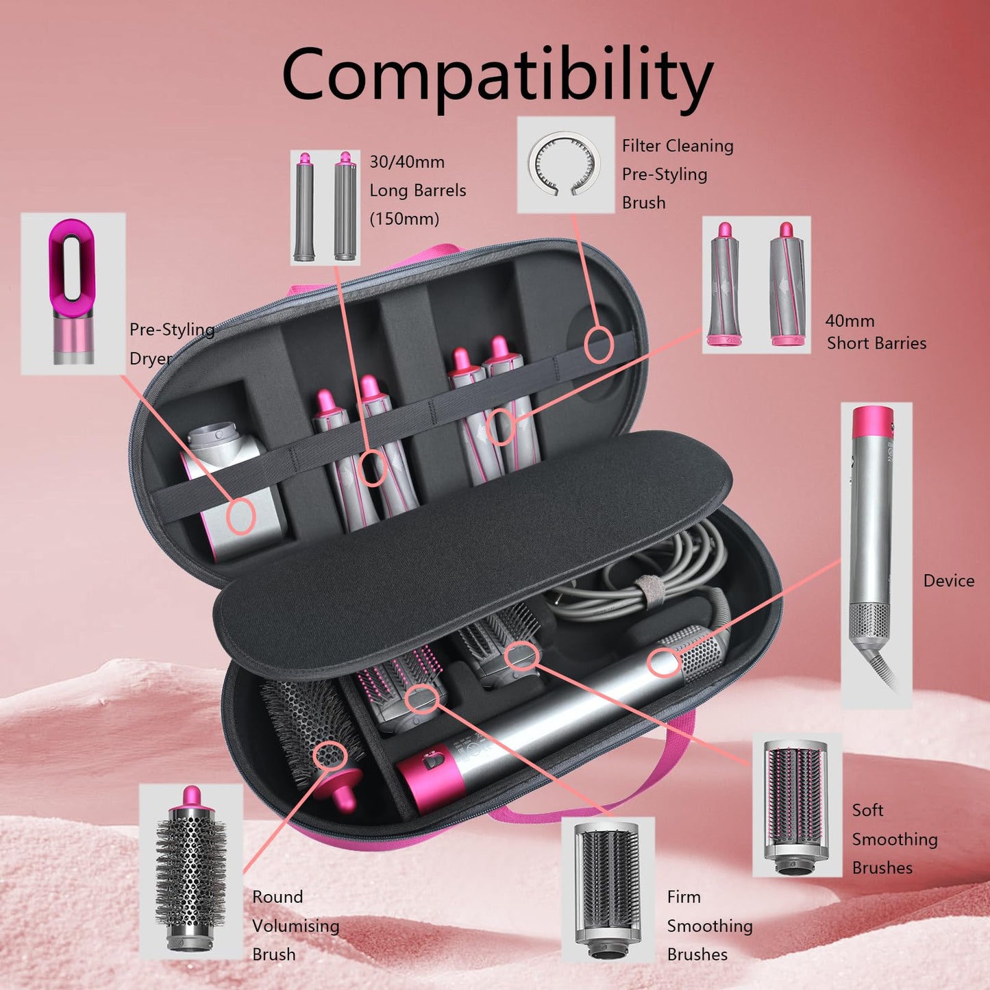 RLSOCO Carrying Case for Dyson Airwrap i.d./Airwrap Co-anda2x Multi-Styler and Dryer - Fits 4pcs Long Barrels or Short Barrels - Pink (Case Only,Hair Styler is not Included)