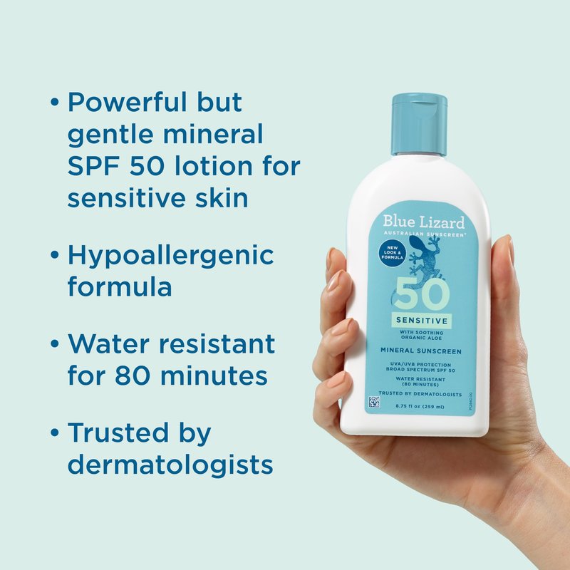 Blue Lizard SENSITIVE Mineral Sunscreen with Zinc Oxide, SPF 50+, Water Resistant, UVA/UVB Protection with Smart Bottle Technology - Fragrance Free, 8.75 oz.