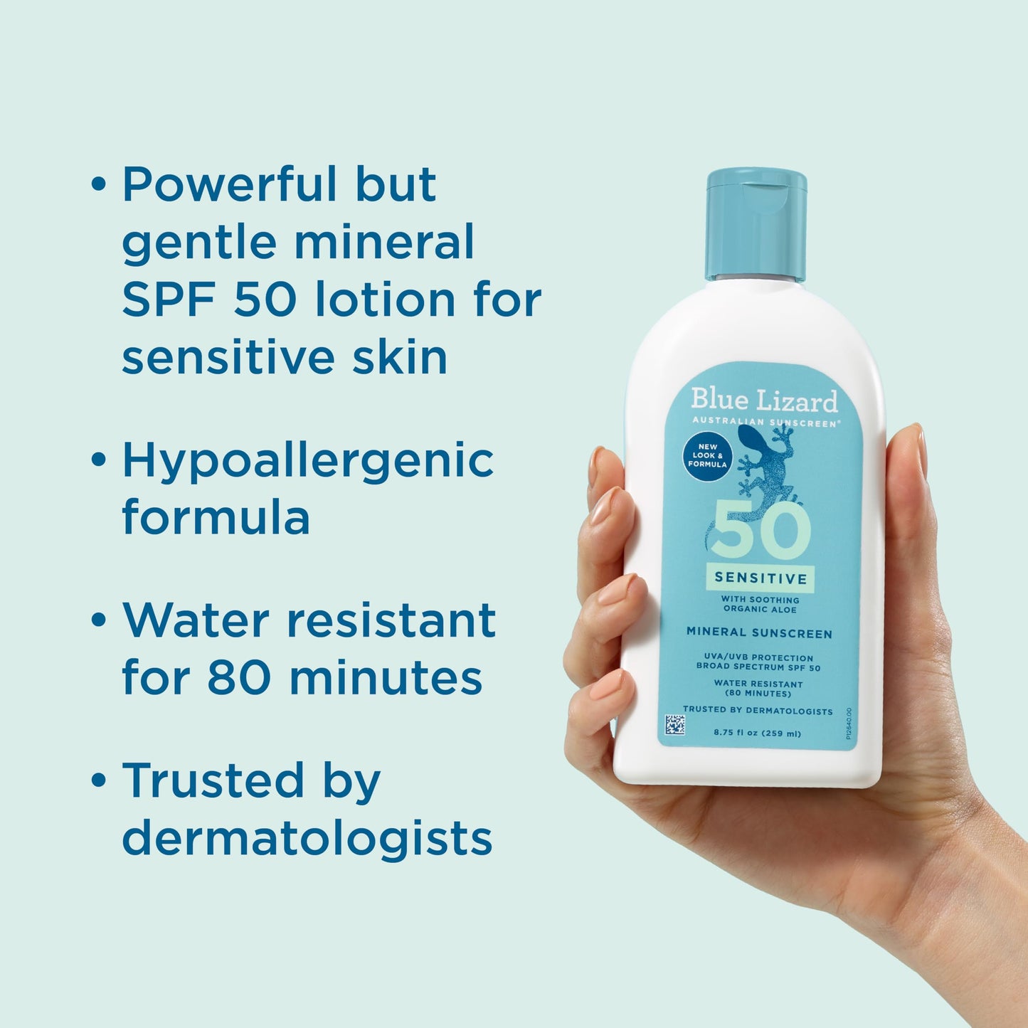 Blue Lizard SENSITIVE Mineral Sunscreen with Zinc Oxide, SPF 50+, Water Resistant, UVA/UVB Protection with Smart Bottle Technology - Fragrance Free, 8.75 oz.