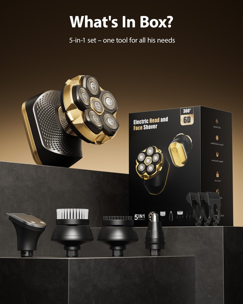 2026 NEW Head Shaver for Bald Men - Trimcoo 5-in-1 Magnetic Electric Trimmer with Titanium Blades | Gentle on Sensitive Scalp | IPX7 Waterproof, Powerful 8500 RPM, USB-C Charge & LED Display (Gold)