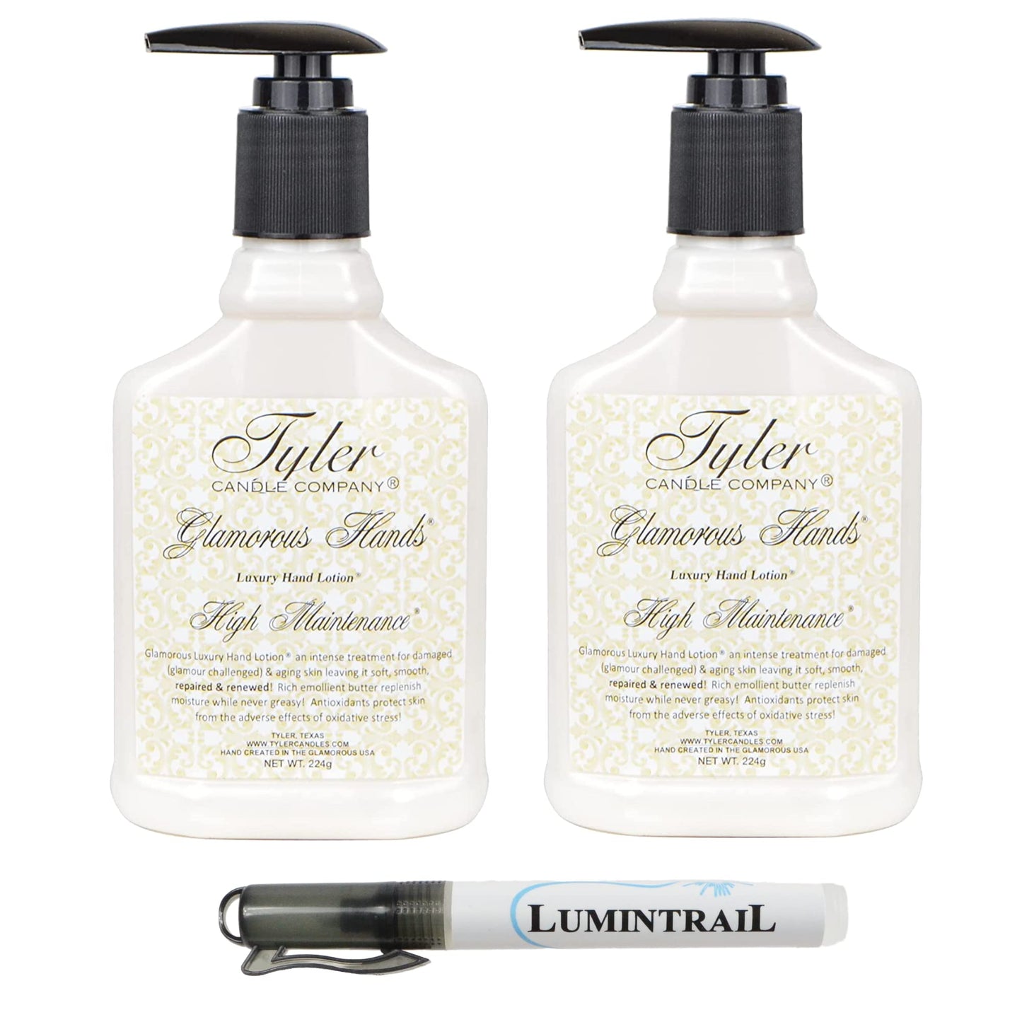 Lumintrail Tyler Glamorous Hands Luxury Hand Lotion 224 grams, High Maintenance, 2-Pack Bundle with a Degreaser Pen