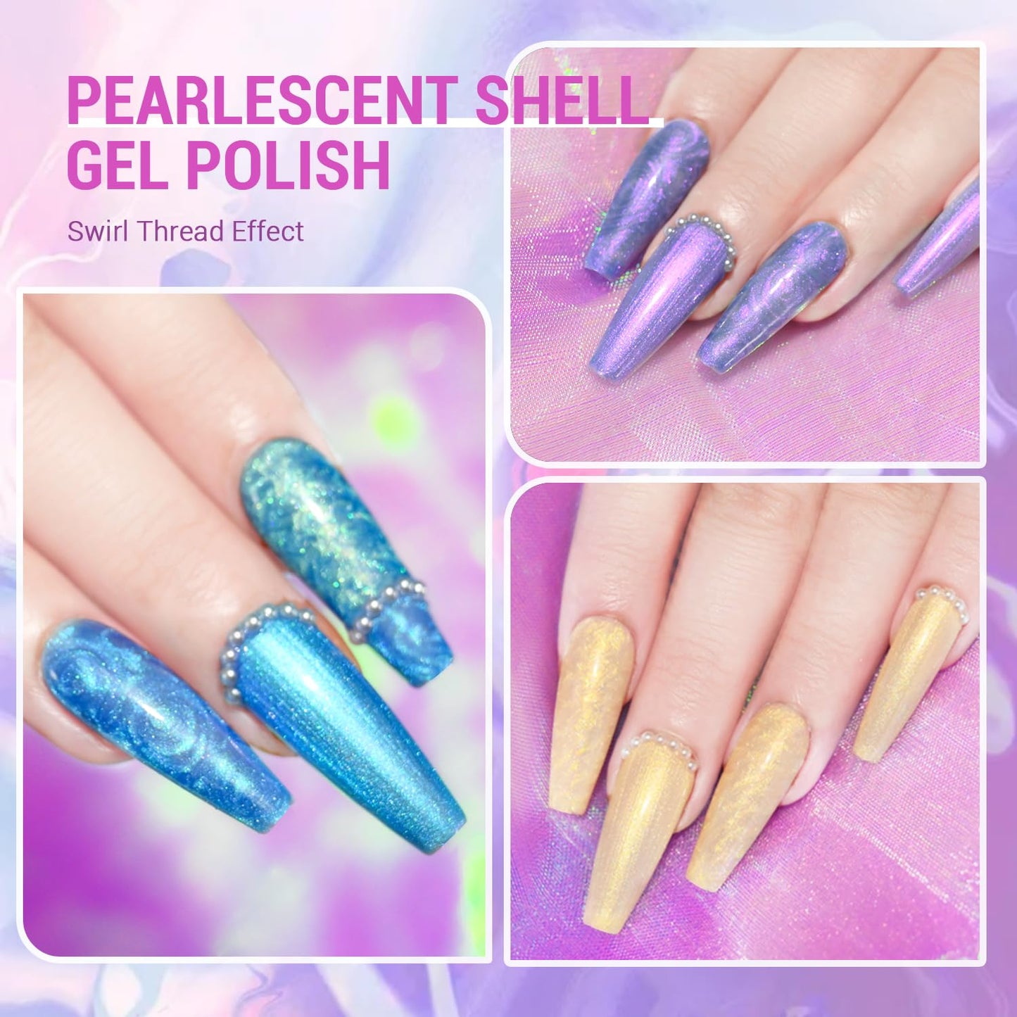CHARMACY Pearl Gel Nail Polish Set - 6 Colors Shimmer Blue Pink Yellow Shell Gel, Aurora Shell Effect, Mermaid Nails LED UV Soak Off