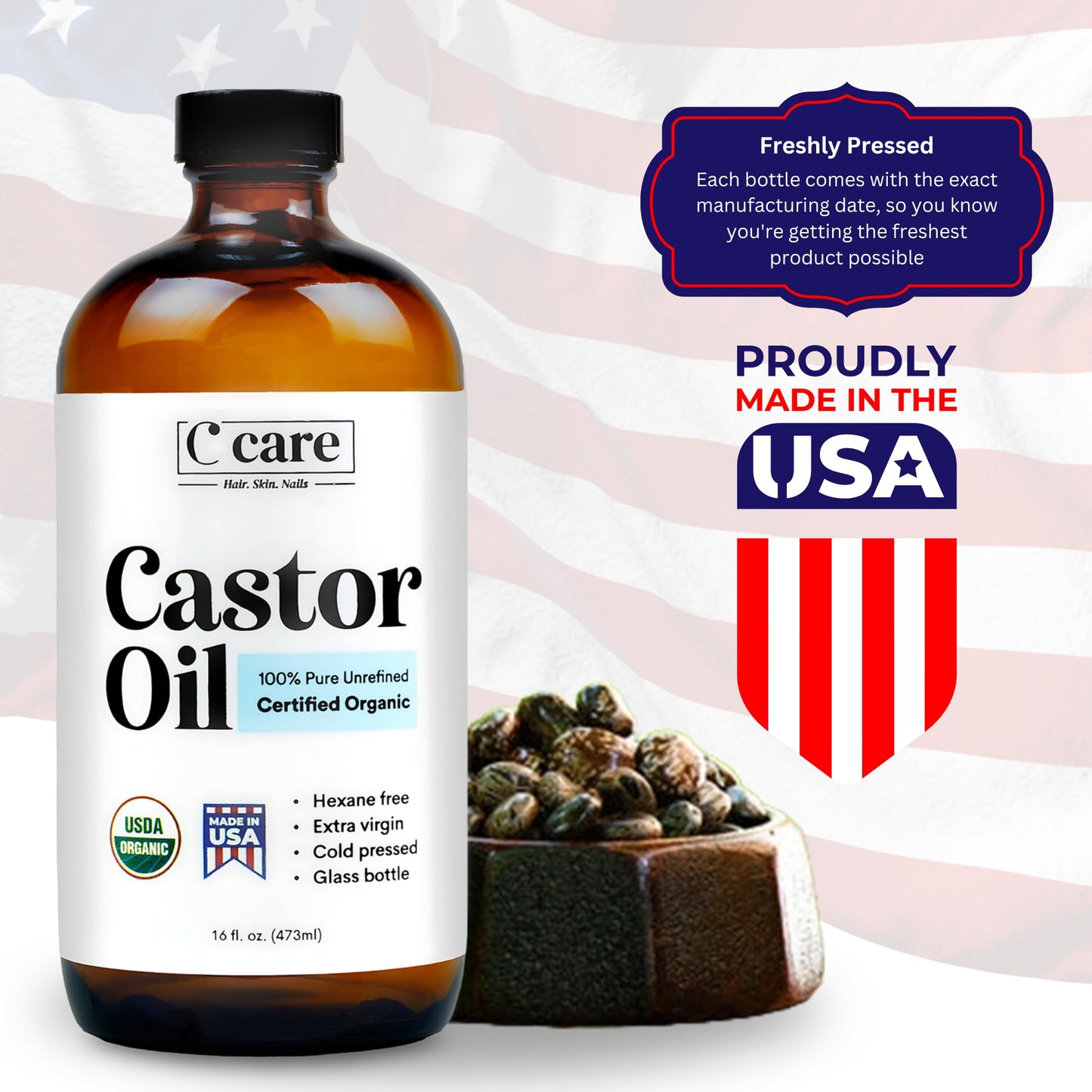 Castor Oil 100% Pure Organic Cold Pressed Unrefined Glass Bottle | USDA Certified Organic | Hexane Free Extra Virgin | for Hair Growth Eyebrows Eyelashes Skin and Castor Oil Pack Wrap