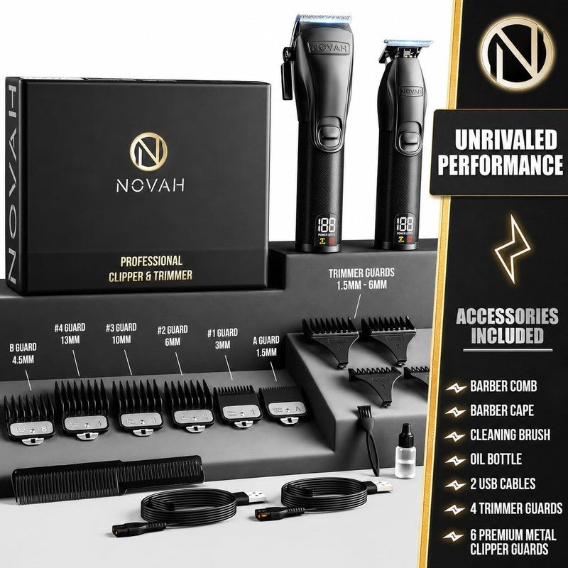 Novah® Professional Hair Clippers for Men - Cordless Barber Clipper & Trimmer Set for Precision Haircuts | Fade & Grooming