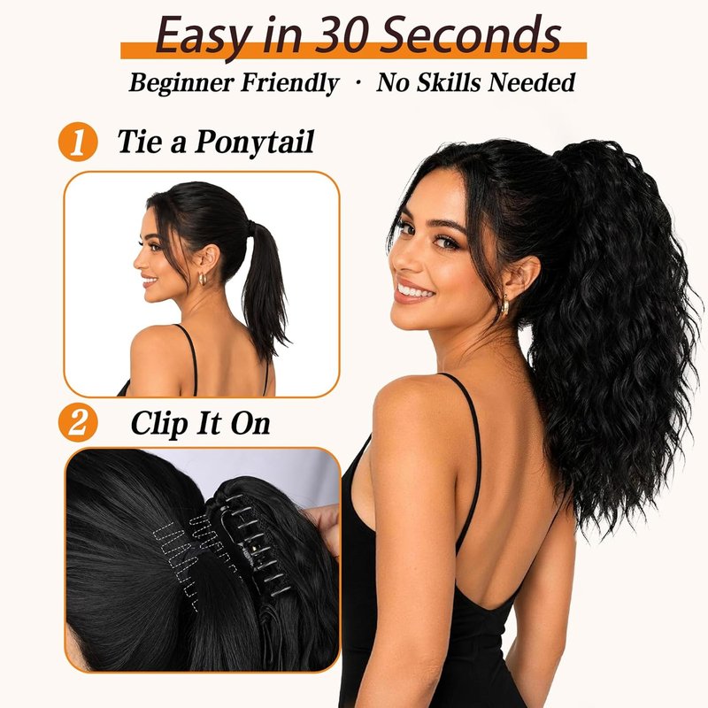 Claw Clip Ponytail Extension - Black Wavy Layered Fluffy Hairpiece for Women | Synthetic Clip-On Ponytail