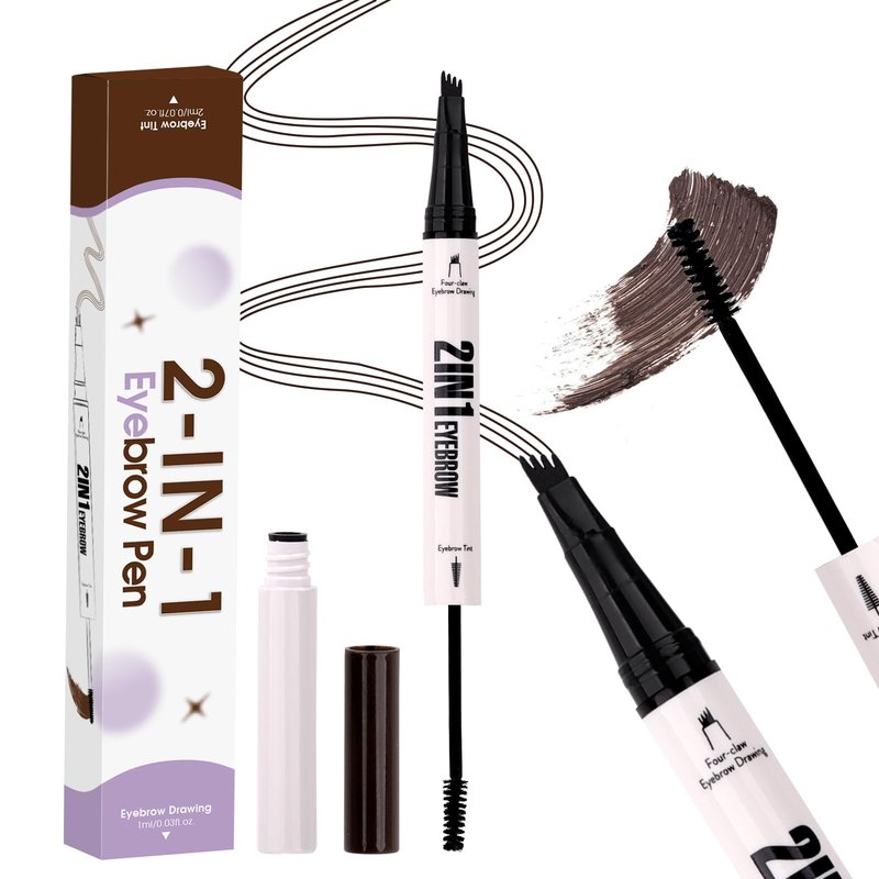 2-in-1 Makeup Eyebrow Pen with Powder: Dark Brown, for Grooming & Shaping Eyebrow, Waterproof, Ultra-Fine 4 Micro-Fork Tip, Powder for Shaping, Filling, and Decorating Brows, M-RM-X0
