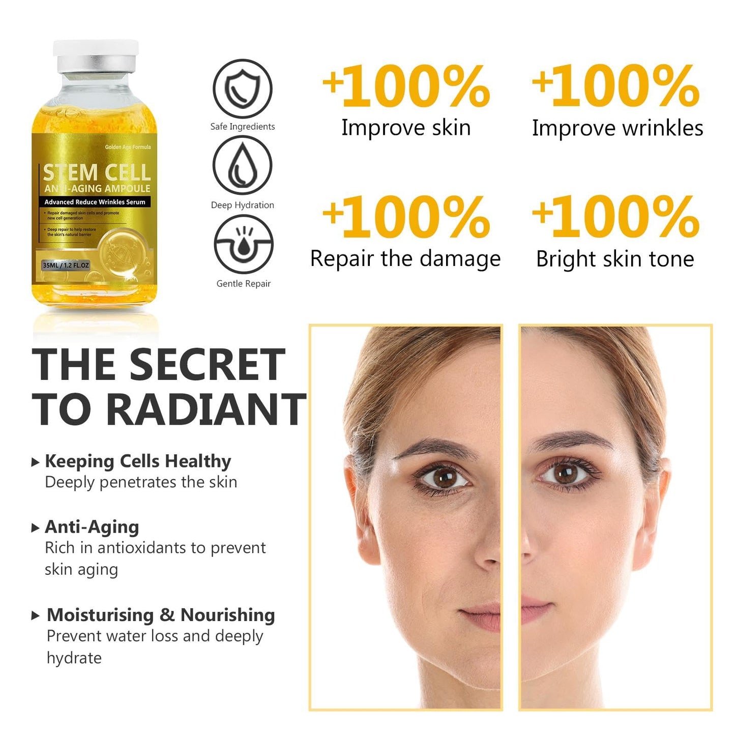 Stem Cell Serum for Face, Advanced Skin Renewal Formula for Wrinkle Reduction, Hydration & Radiance, Professional Ampoule for Daily Use and Microneedling, 1.2 Fl Oz