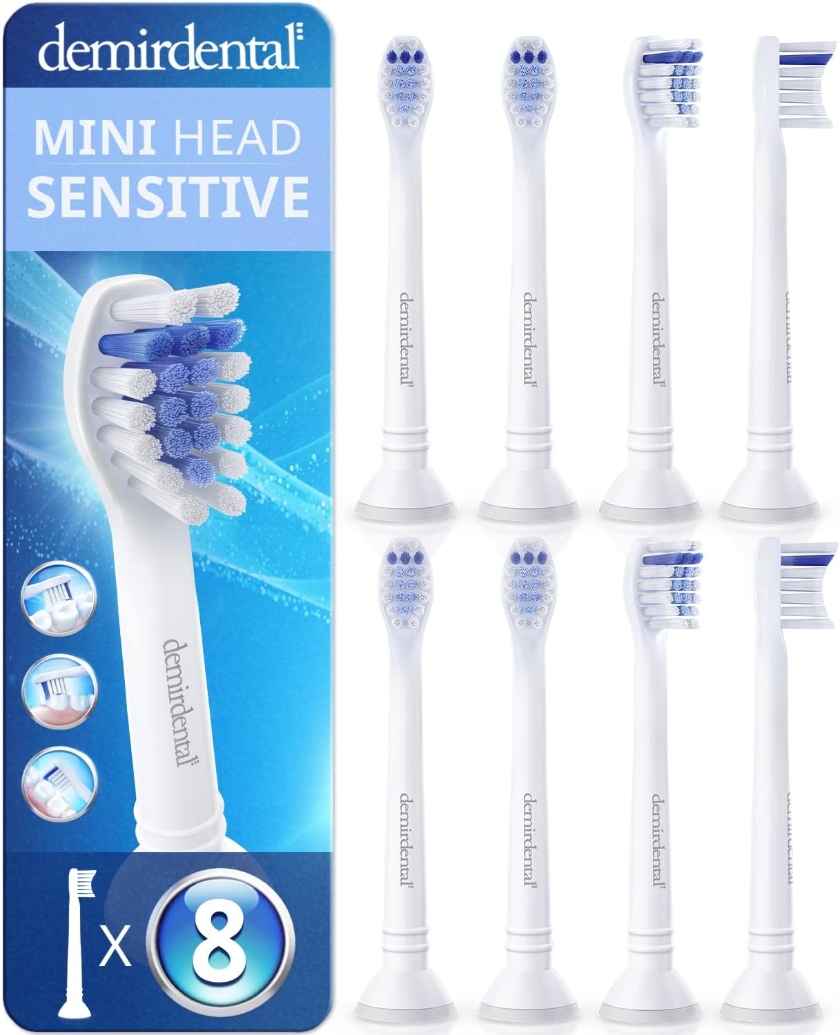 Philips Sonicare Compatible Mini Sensitive Toothbrush Heads - Soft Replacement Heads for Gentle Cleaning | 8 Pack - White