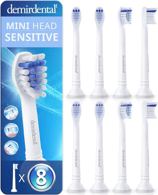 Philips Sonicare Compatible Mini Sensitive Toothbrush Heads - Soft Replacement Heads for Gentle Cleaning | 8 Pack - White