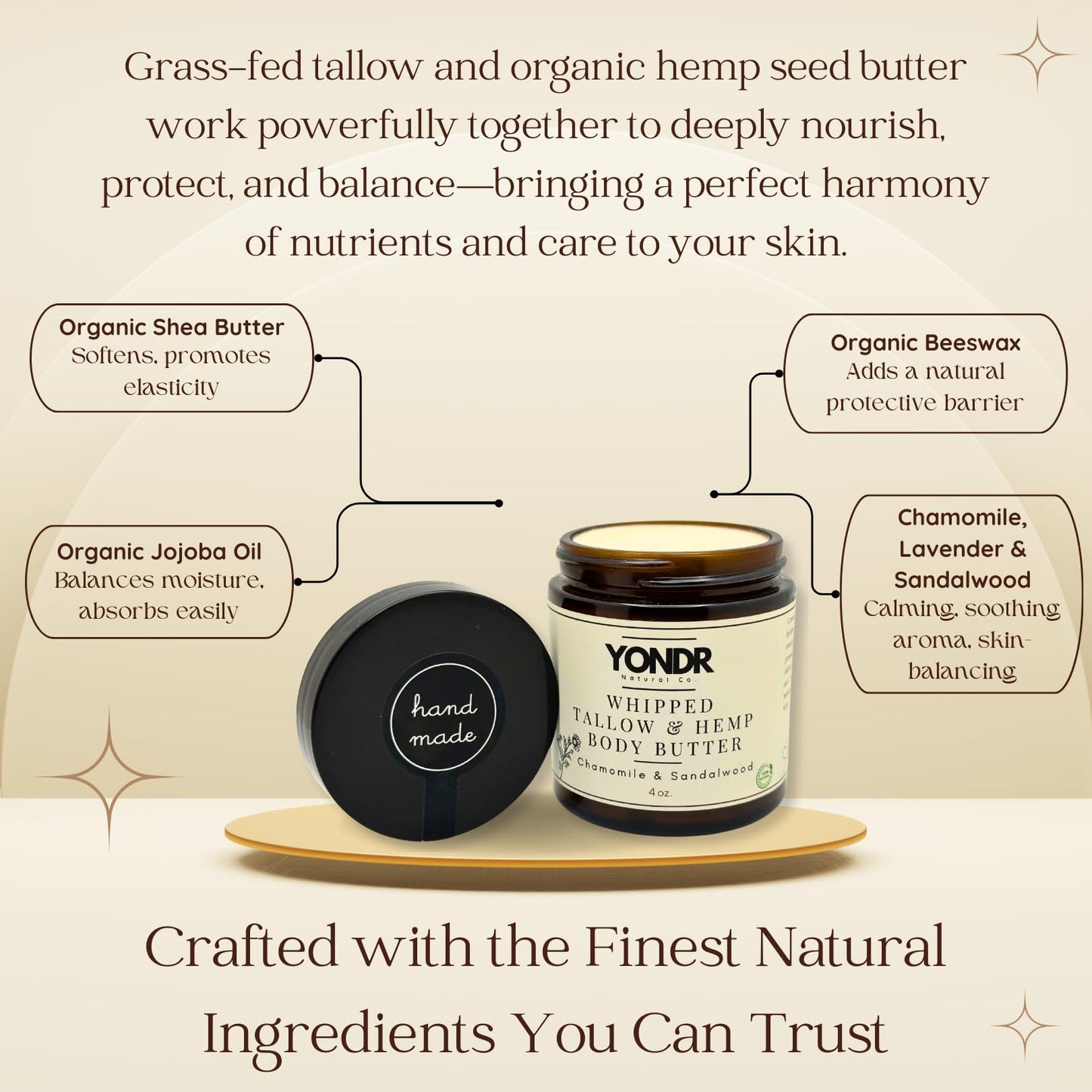 Yondr Natural Tallow & Hemp Body Butter – Whipped Grass‑Fed Tallow + Hemp Seed Butter – Calming Chamomile/Sandalwood/Lavender – Deep Hydration for Dry & Sensitive Skin (2 oz)