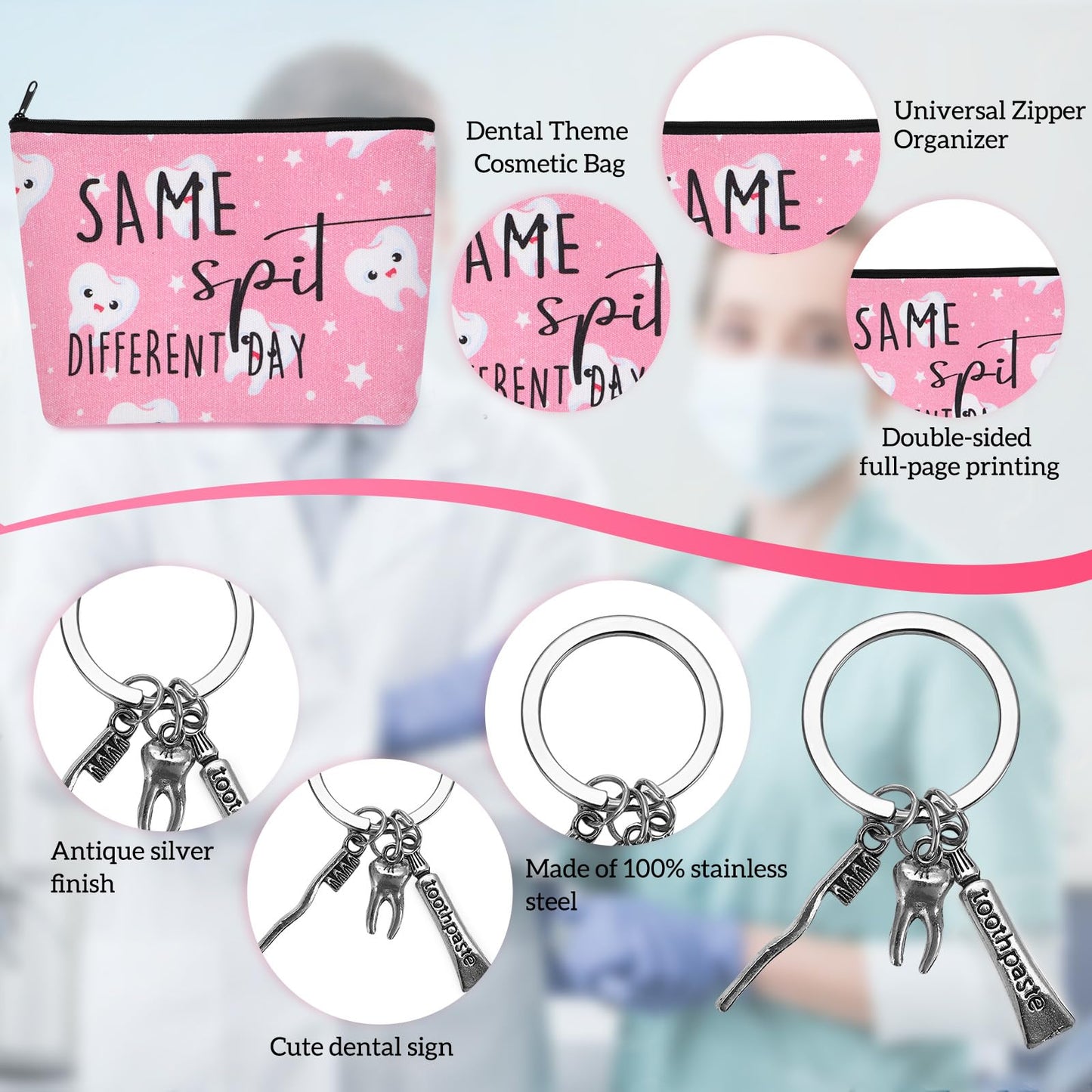 Maxcheck 4 Pcs Teeth Gifts Dental Hygienist Graduation Gifts Bulk 20 oz Stainless Steel Tumbler with Straw Lid Brush Canvas Bag Teeth Socks Dentist Keychain for Nurse Dental Hygienist(Pink)