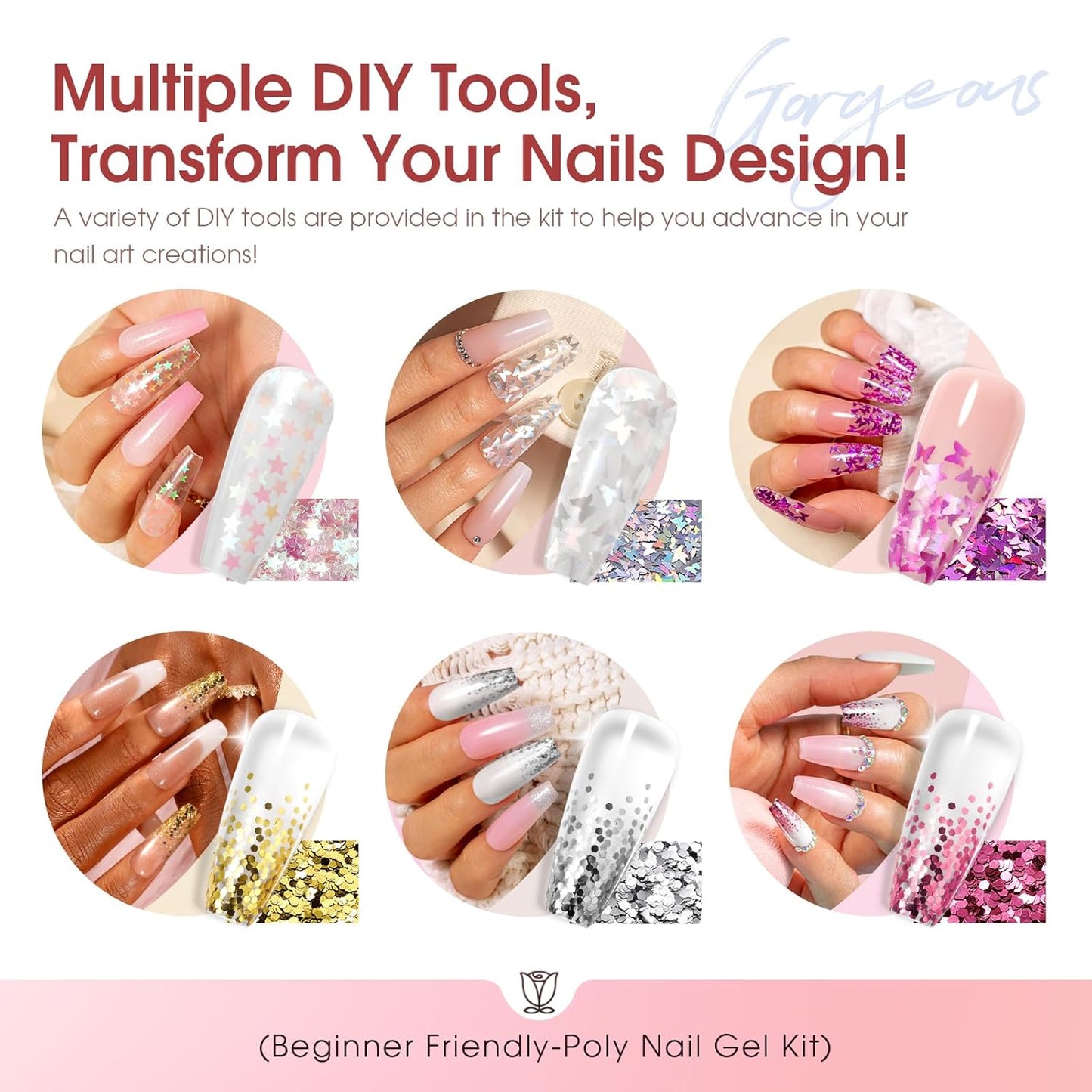 Poly Nail Gel Kit - 20 Colors & 76 Accessories | Clear Nude Starter Kit with Mini UV Lamp