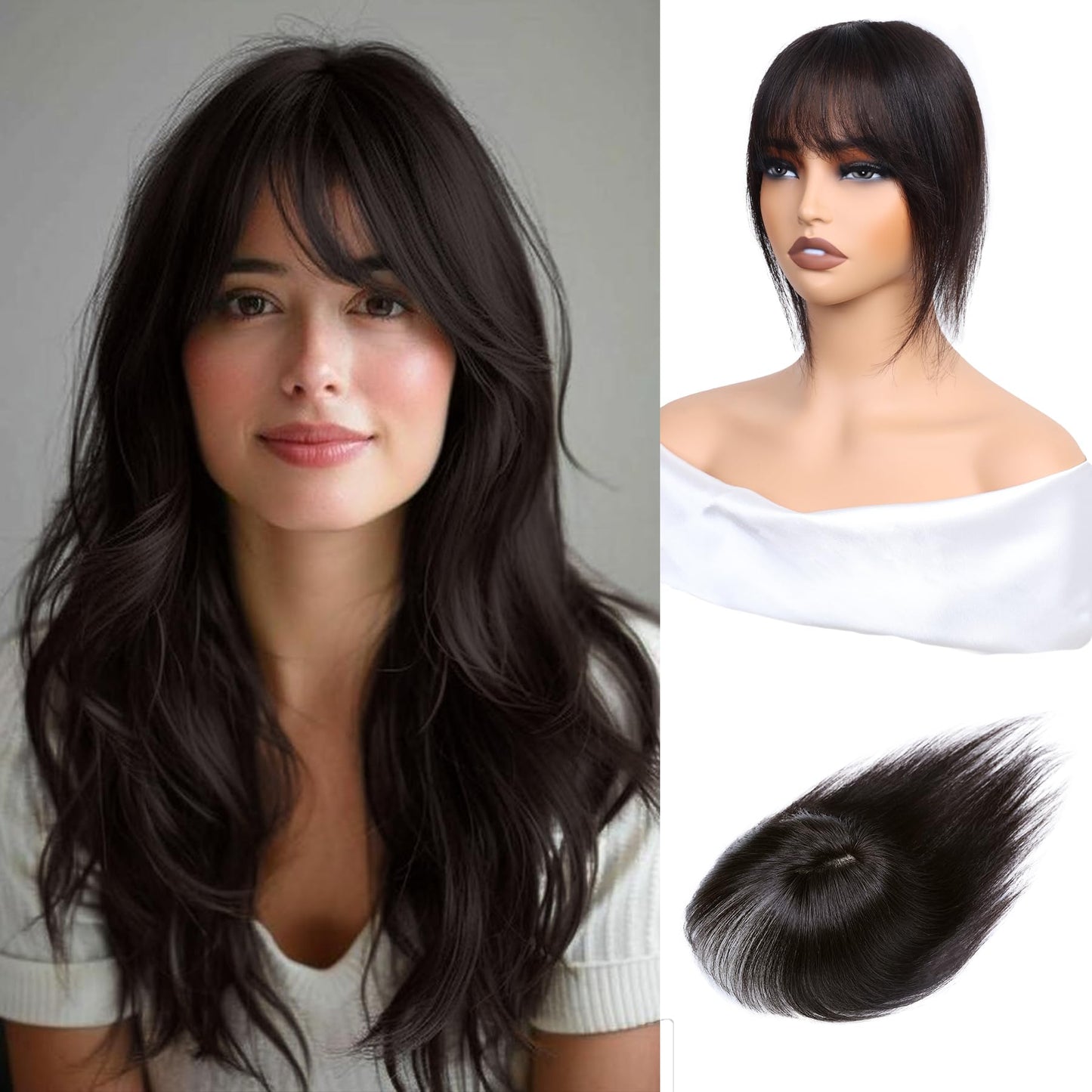 Inifale Hair Toppers for Women Clip in Bangs Real Human Hair,10 Inch 30g Brown Black Topper for Women 150% Density Silk Base Clip in Pieces Straight Hair for Thin Hair Daily Use