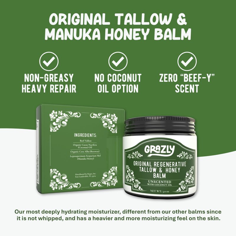 Grazly Original Beef Tallow & Manuka Honey Balm | 100% Grass‑Fed & Finished Beef Tallow, Raw Manuka Honey, Beeswax | Deeply Moisturizing & Repairing Skincare Balm | 3 oz Jar