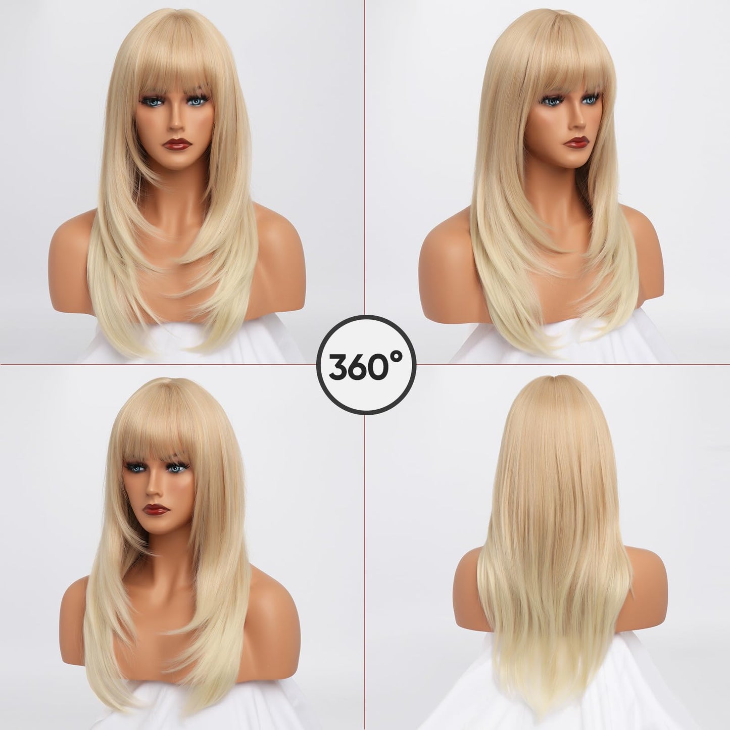EssionTech 613 Blonde Wig With Bangs Long Wavy Straight Wig with Layered Hair Synthetic Heat Resistant Wigs for Women Daily Party Use 26 Inches
