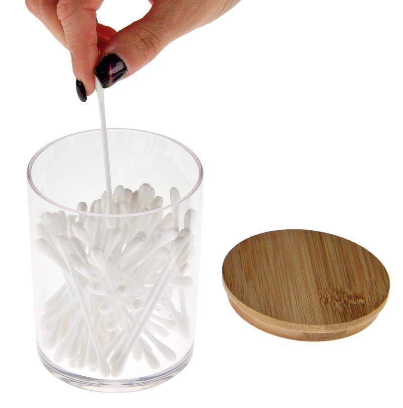 ARAD 3 Pcs Cotton Ball, Swab, Q-tip Storage, Clear Acrylic Jar Container with Bamboo Lid, Easy Organization on Bathroom Counters, Under Sink Placement or Vanity Tables-3.25" D x 4.5" H