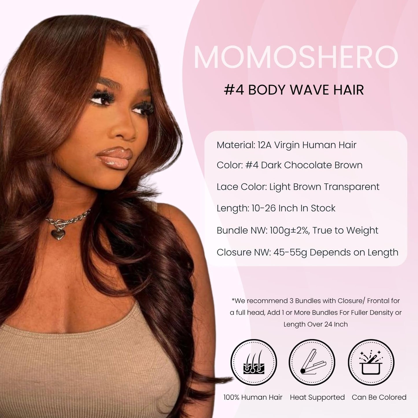 MOMOSHERO Chocolate Brown Body Wave Single Bundle Human Hair, Soft Glossy 12A 100% Unprocessed Remy Virgin Hair 1 Bundle Wavy Classy Colored #4 Dark Medium Brown Weaves Sew In Weft Extension 14 Inch