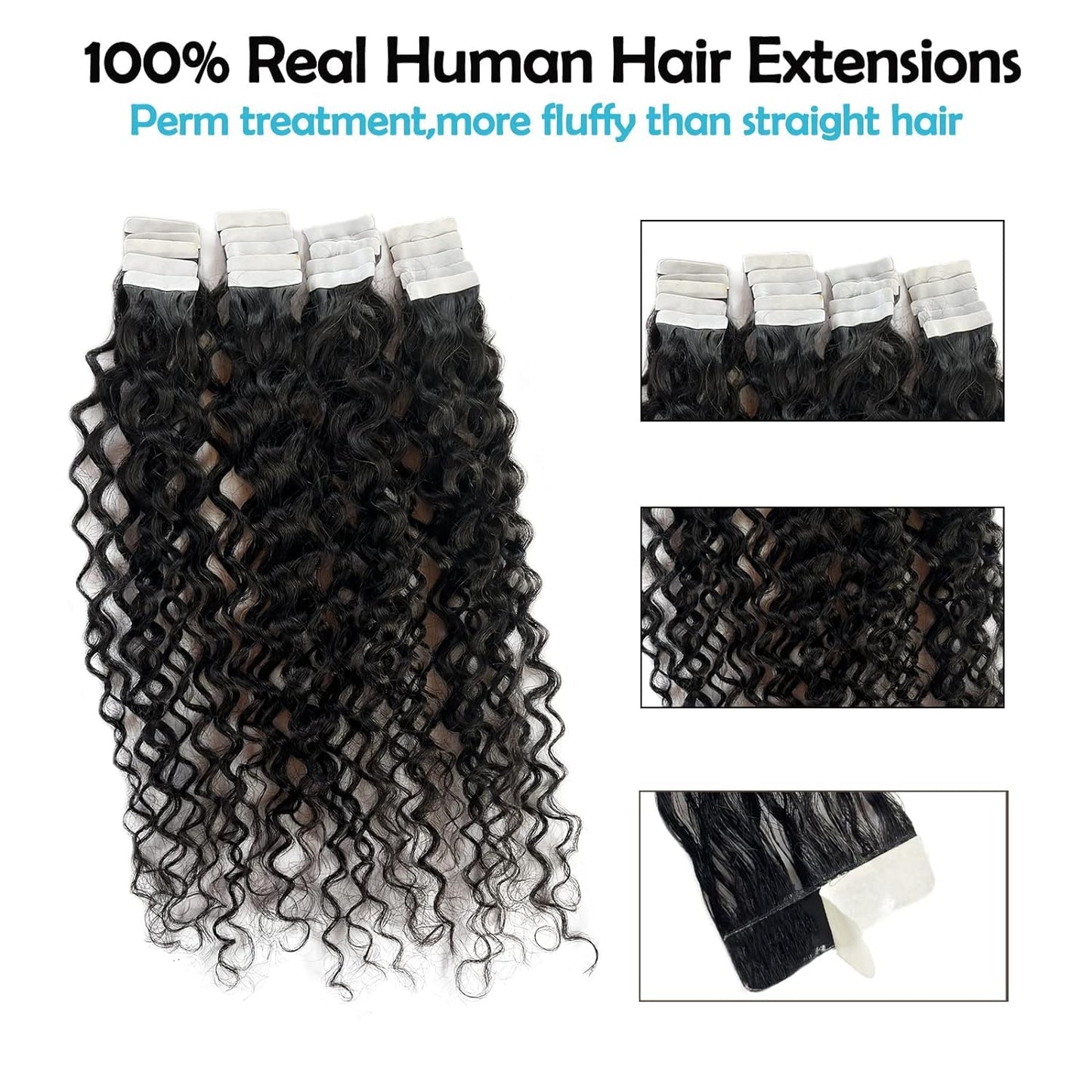 Curly Tape in Hair Extensions,14inch Natural Black Water Wave Real Human Hair Tape in Extensions 20pcs 50g Black Wavy Tape on Hair Extensions for Black Women