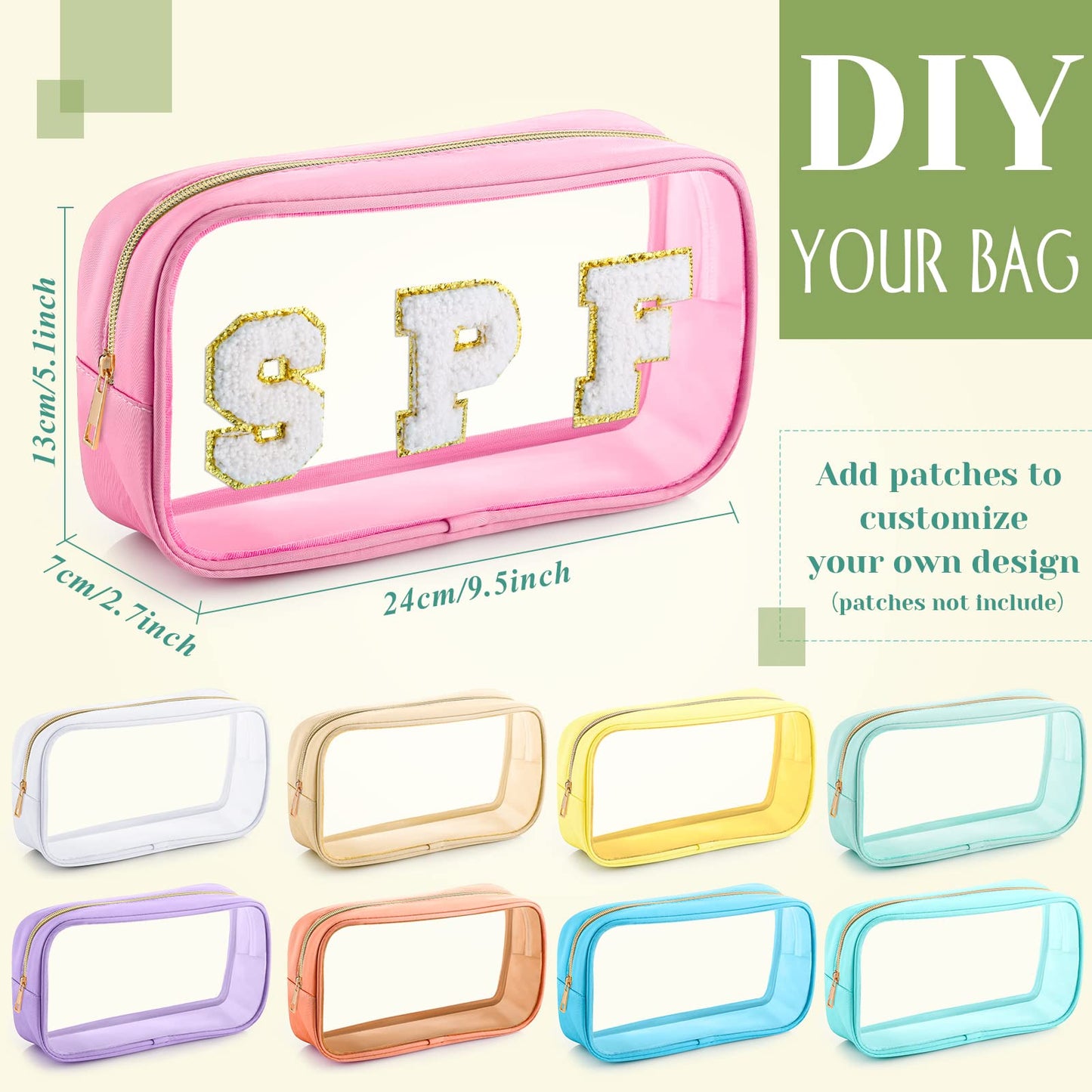 Cunno 9 Pcs Preppy Clear Makeup Bag DIY Chenille Letter Pouch Large Nylon Makeup Bag Travel Toiletry Zipper Cosmetic Organizer Pouch PVC Bags for Women, 9.5 x 5.1 x 2.8 Inch(Colorful)