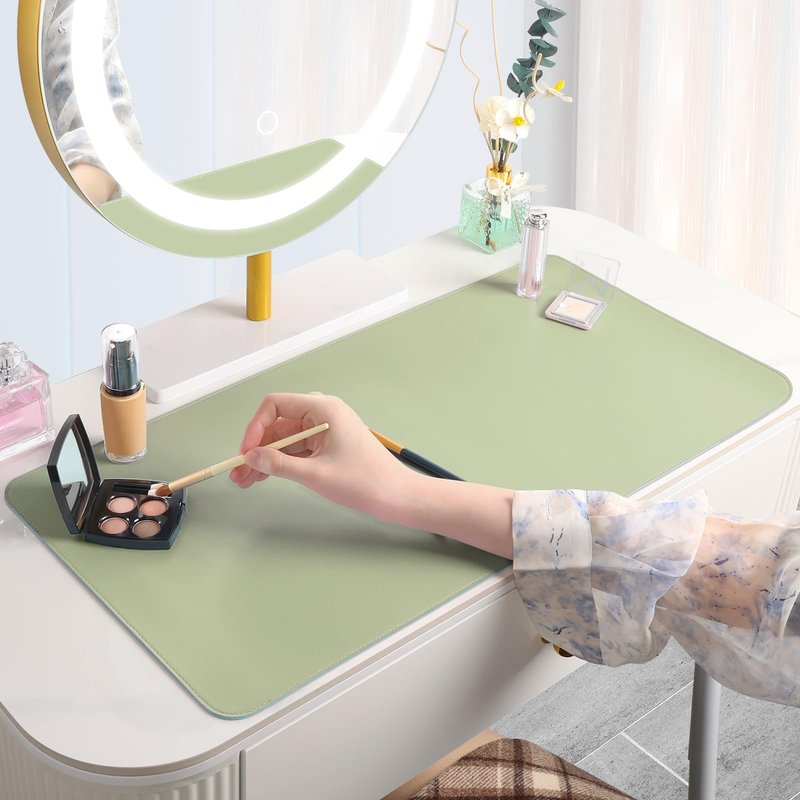 Makeup Mat for Vanity to Protect Desk Top 31.5 x 15.7 in, Dual-Sided Makeup Mat, Easy to Clean Desk Pad - Waterproof and Oilproof Vanity Accessories (Sage Green and Blue)