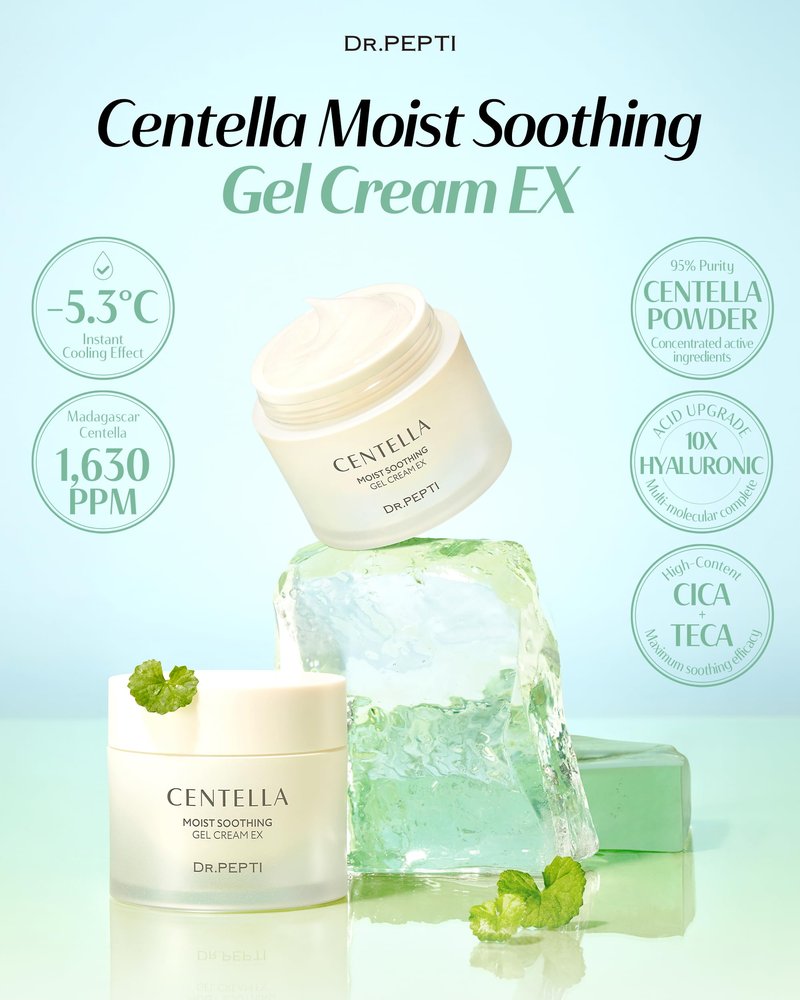 dr.pepti Centella Cooling Gel Cream – 72.5% Centella & 10-Type Hyaluronic Acid – Water-Gel Moisturizer with Soothing Cooler Ex® for Reactive, Sensitive & Post-Retinol Skin, No Pilling, 2.37 fl oz