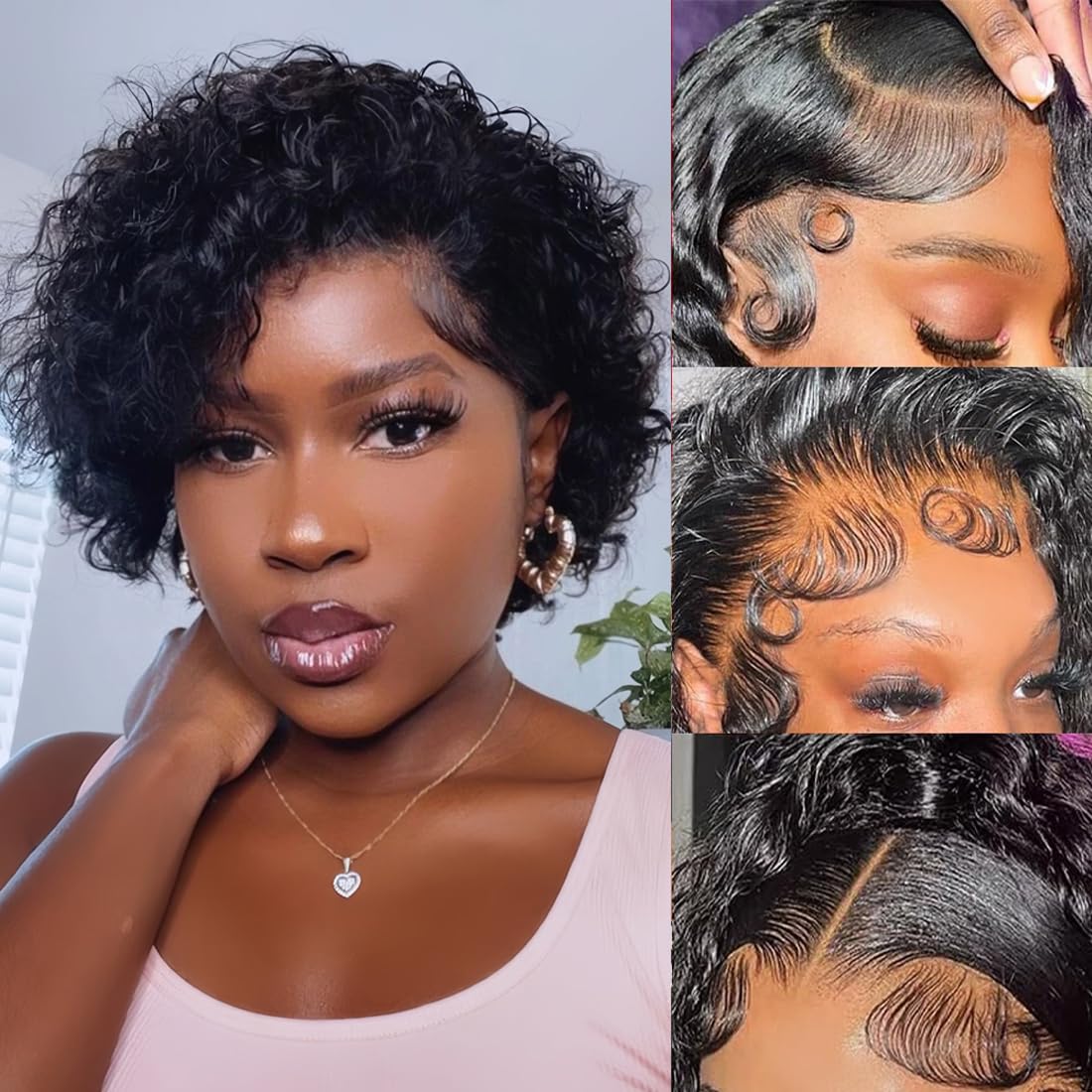 BLOCKICE Pixie Cut Wig Human Hair Stylish Curly Short Bob Wig Deep Wave 13x4 Lace Front Glueless Curly Human Hair Wigs for Black Women Natural Look Full Volume Lace Frontal 8 Inch