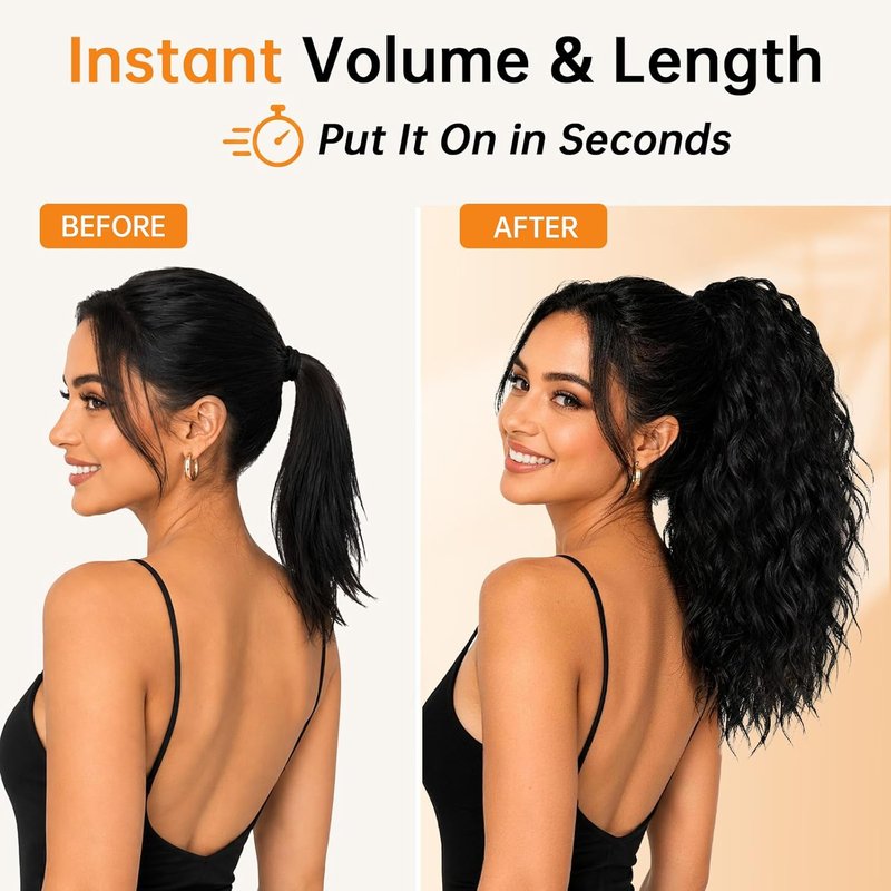 Claw Clip Ponytail Extension - Black Wavy Layered Fluffy Hairpiece for Women | Synthetic Clip-On Ponytail