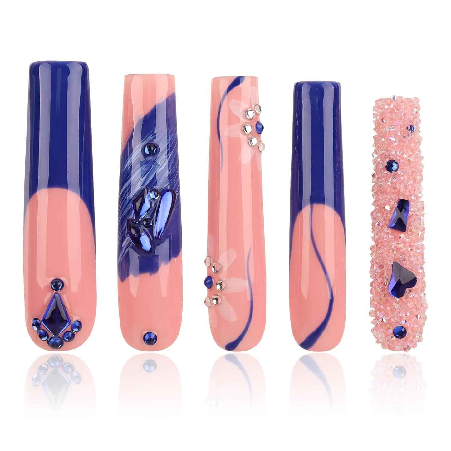 Luxury Pink Acrylic Nail Tips with Crystals - Reusable Long Square Press-On Nails (10 Pcs, Size M)